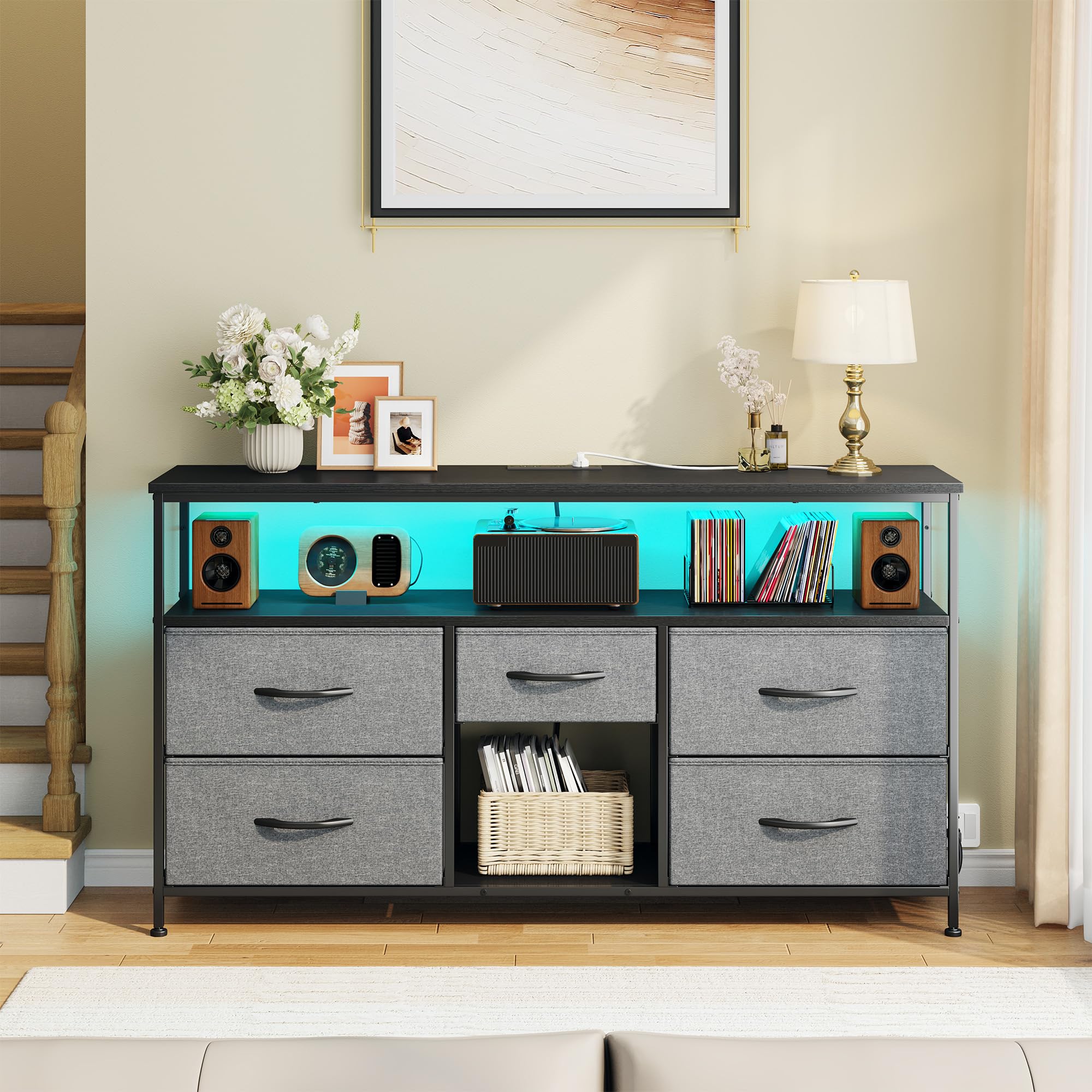 EnHomee TV Stand Dresser with LED Lights & Power Outlets, Entertainment Center for 50" Inch TV, 5 Drawers TV Stand for Bedroom Media Console with Shelves for Living Room, Sturdy Metal Frame, Grey