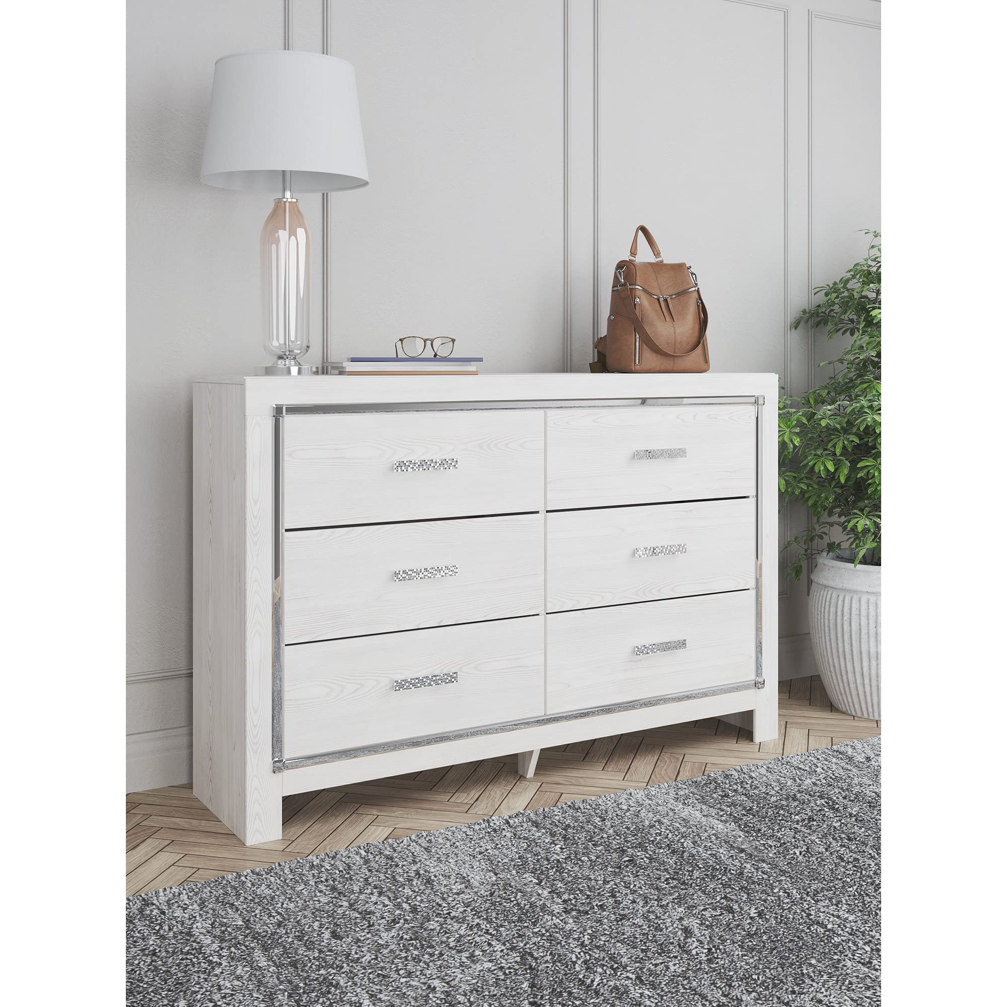 Signature Design by Ashley Altyra Modern Glam 6 Drawer Dresser, Whitewash