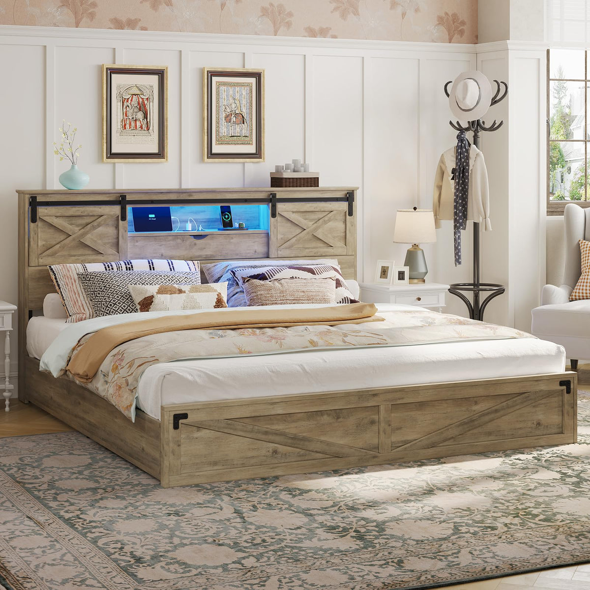 King Farmhouse Storage Bed with LED Lights