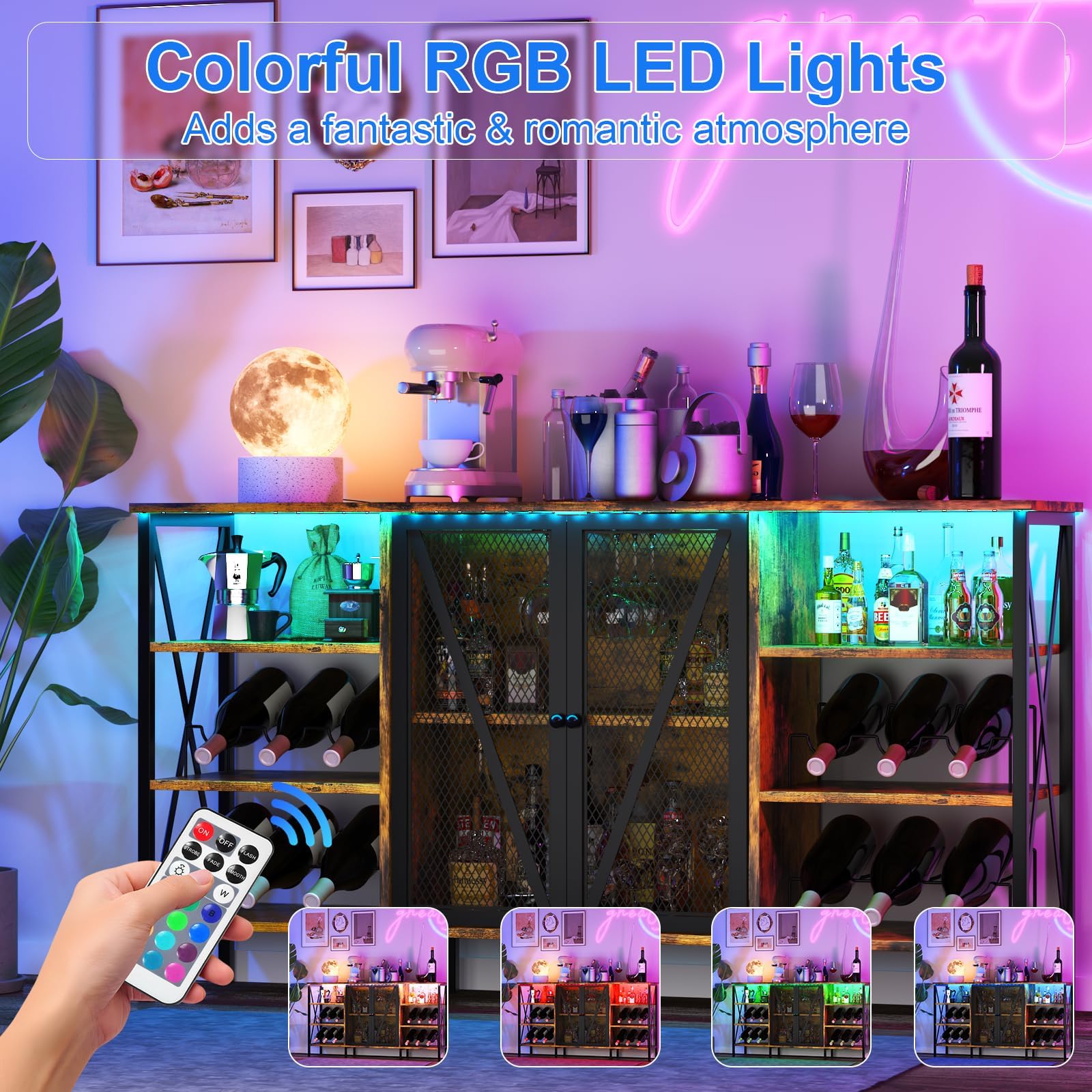 Wine Bar Cabinet with LED Light & Wine Rack