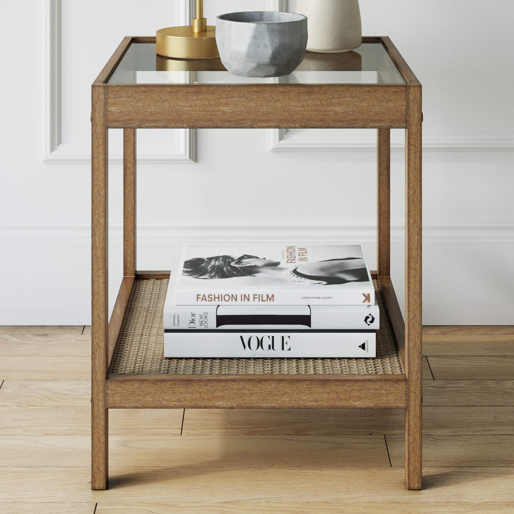 Glass Top End Table with Rattan Shelf