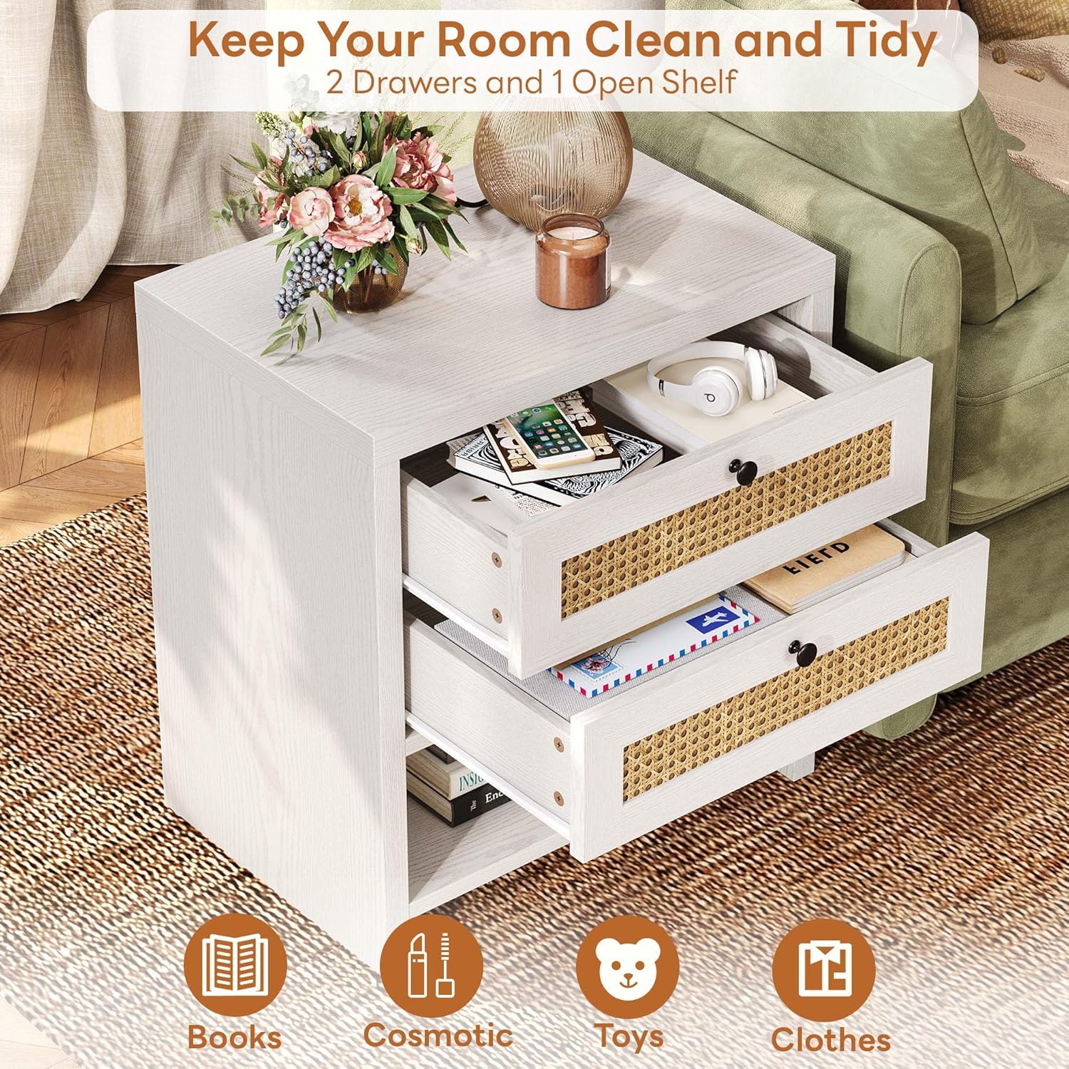 LIKIMIO Rattan Nightstand, 23inch Large White Nightstands Set of 2 with 2 Drawers and Charging Station, Boho Night Stand with Open Shelf for Bedroom, White Oak