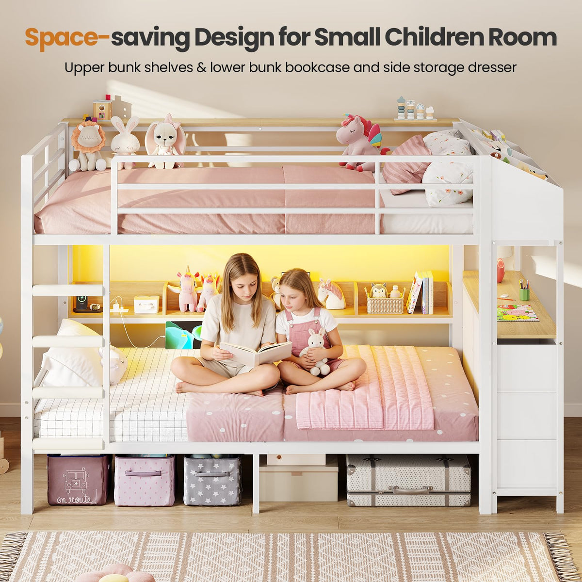 Twin Over Twin Bunk Bed with Storage & LED Lights