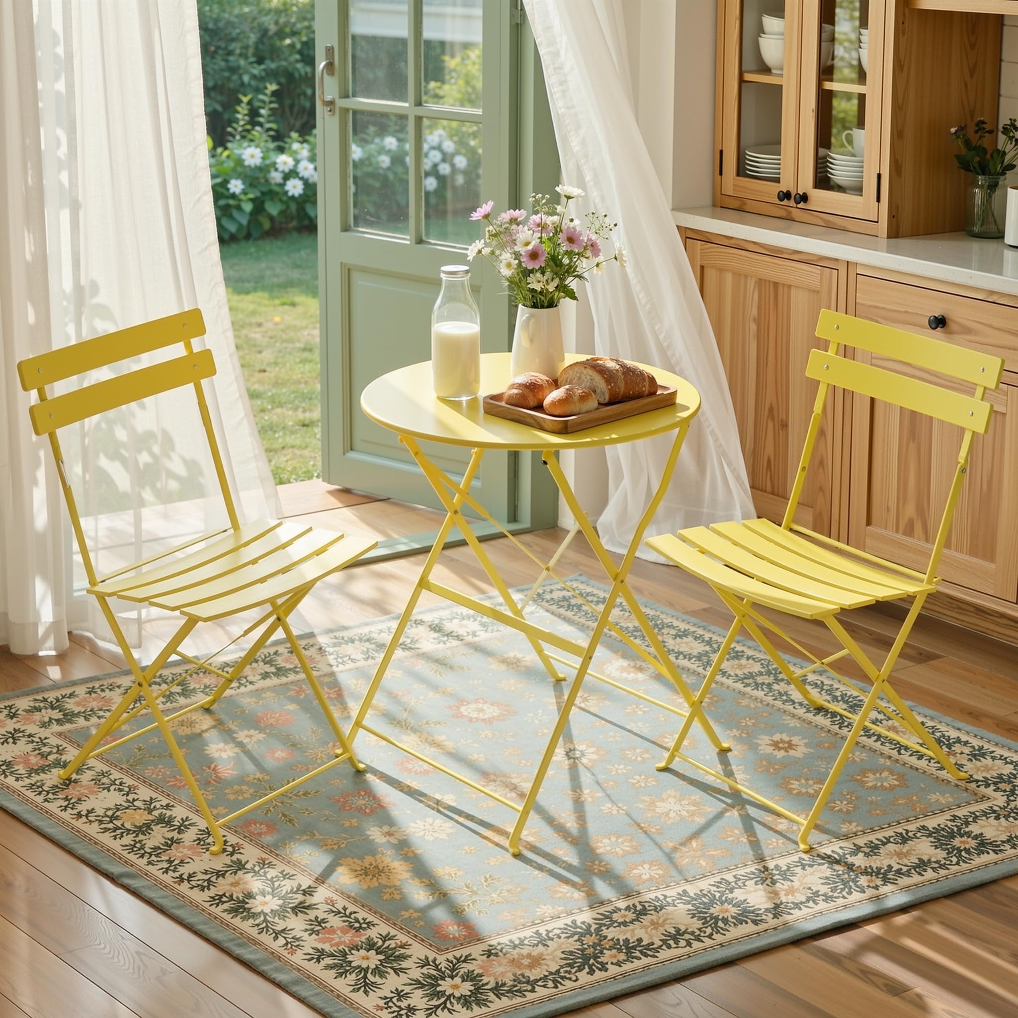LIFERUN 3-Piece Folding Bistro Set Outdoor, Powder Coated Weatherproof Patio Furniture Set, Bistro Table and Chairs Set of 2 for Cafe, Patio, Garden, Balcony, Space Saving, Yellow