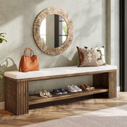 TRIBEWOOD 63" Solid Wood Entryway Bench, Farmhouse Upholstered End of Bed Bench with Removable Faux Lambswool Cushion and Fluted Legs, Indoor Long Ottoman for Bedroom, Entryway, Dark Brown
