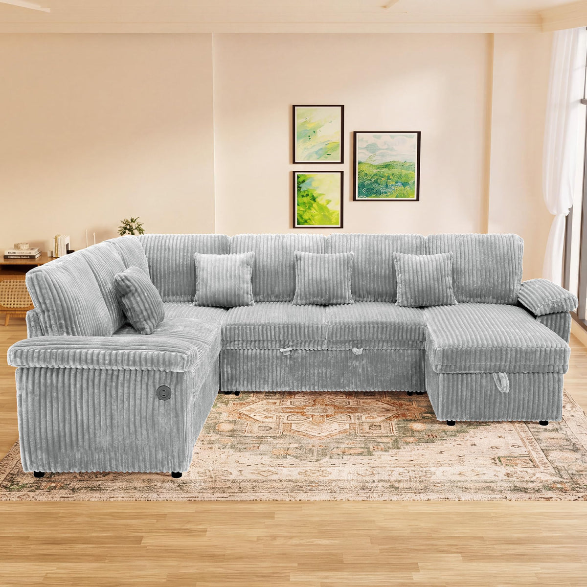 Poblink Modular Sectional Sleeper Sofa with Pull Out Bed, 104" U Shaped 7 Seat Cloud Sectional Couches for Living Room, Comfy Corduroy Couch Sofa Bed with Storage Chaise, USB Charging, Light Grey