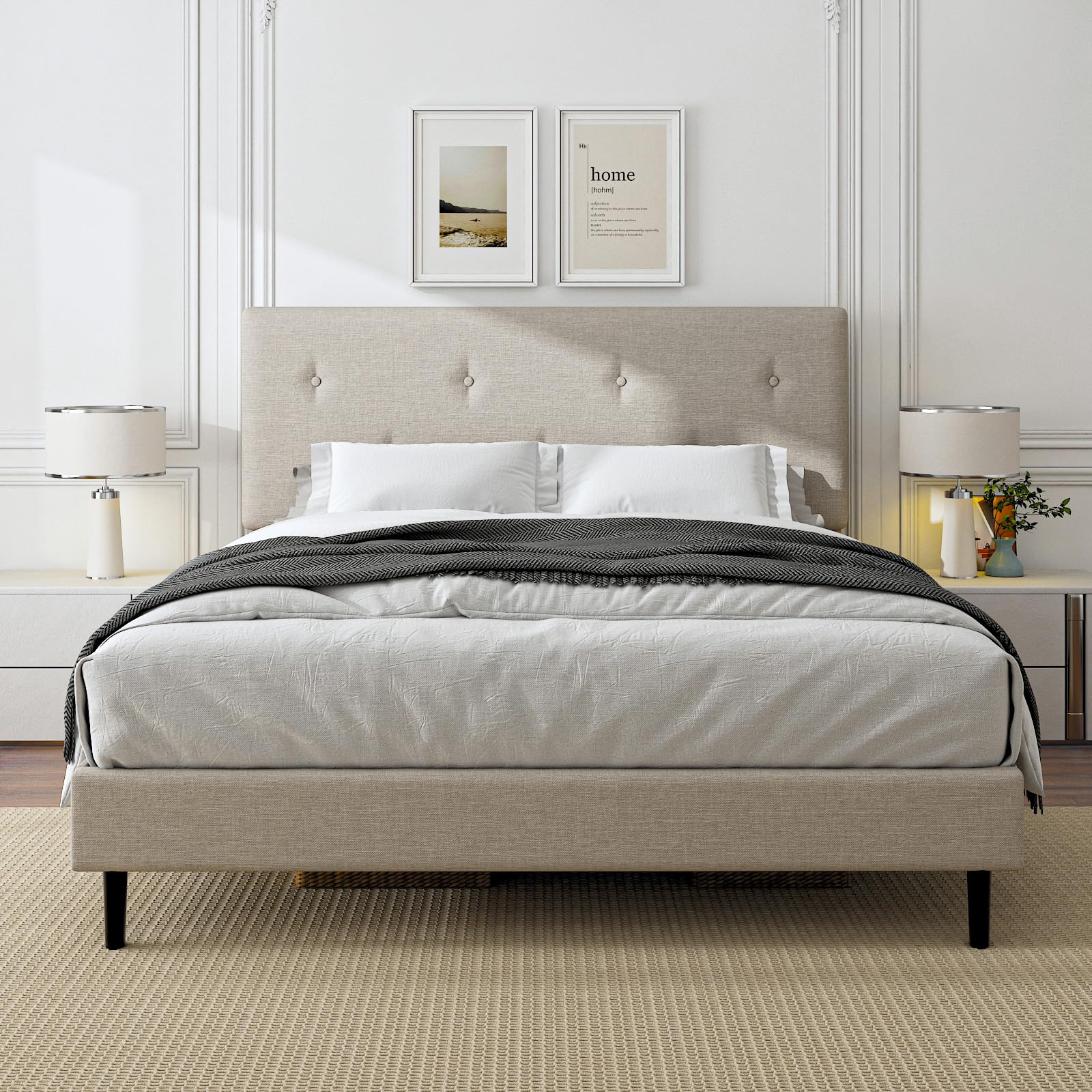 Linen Upholstered Platform Bed Frame with Adjustable Headboard & Wooden Slats