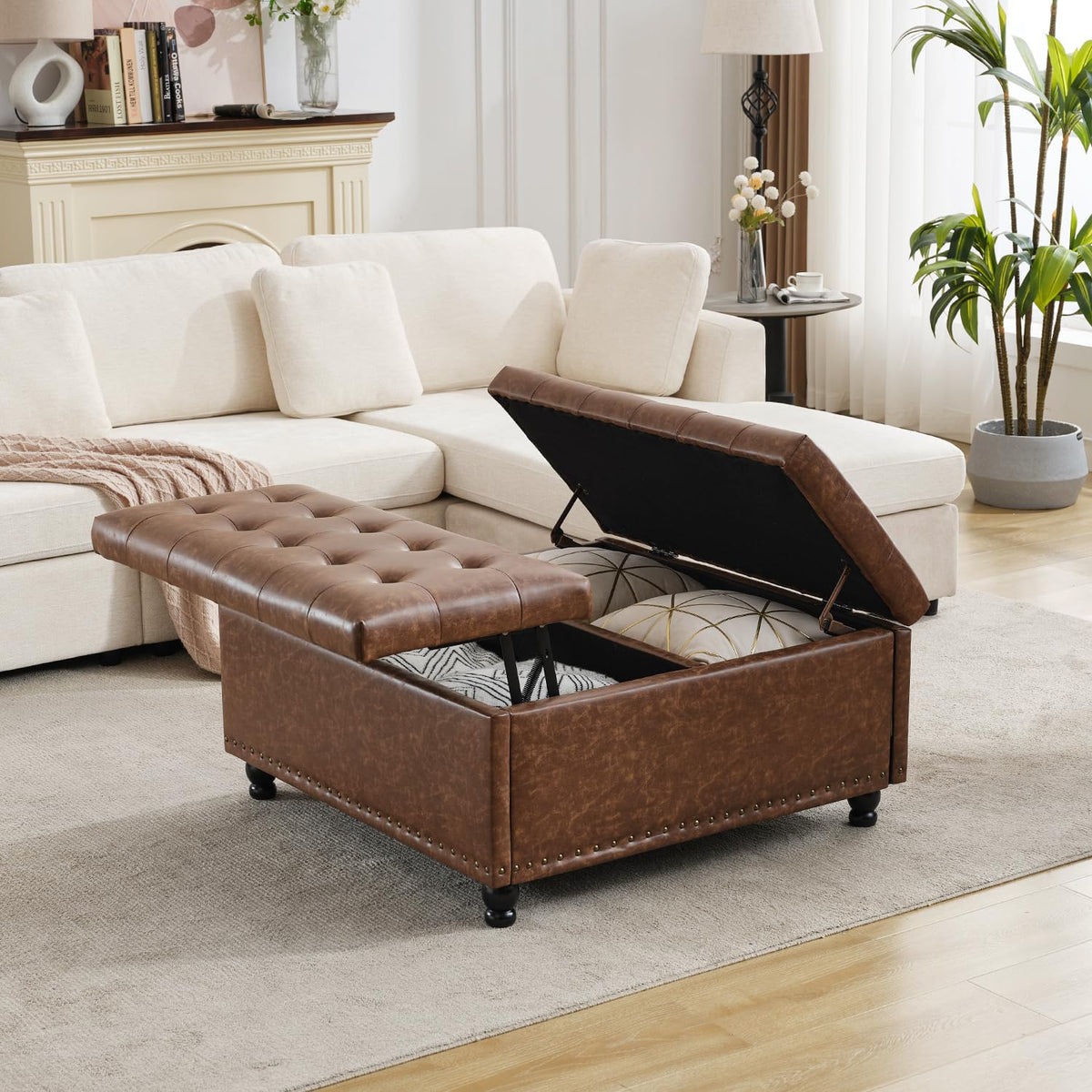 Tbfit 35.5" Large Square Lift Top Storage Ottoman Coffee Table, Brown