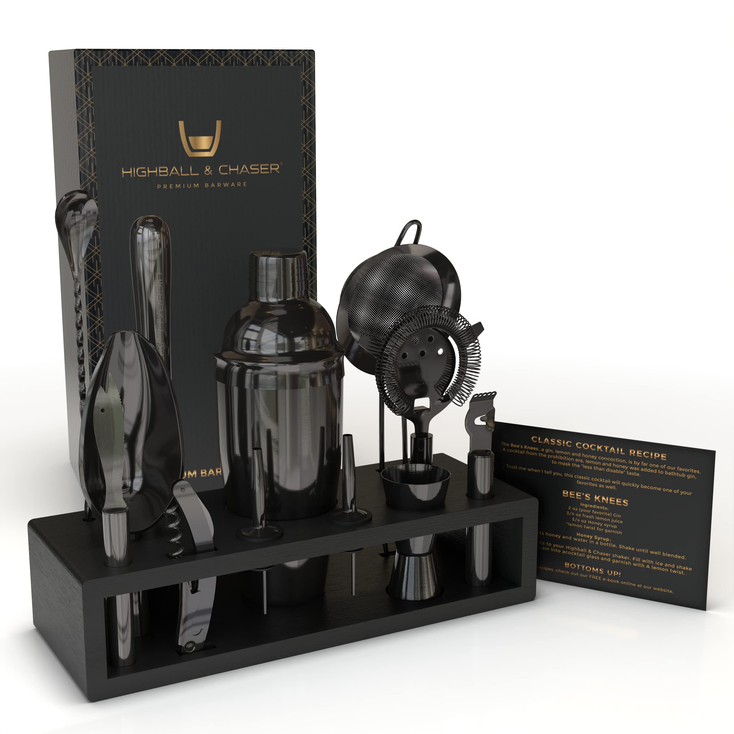 Highball & Chaser 13-Piece Cobbler Cocktail Shaker Set: Black Polished Stainless Steel Bartender Kit for Home Bar Set | Laser Engraved Tools Plus E-Book with 30 Recipes
