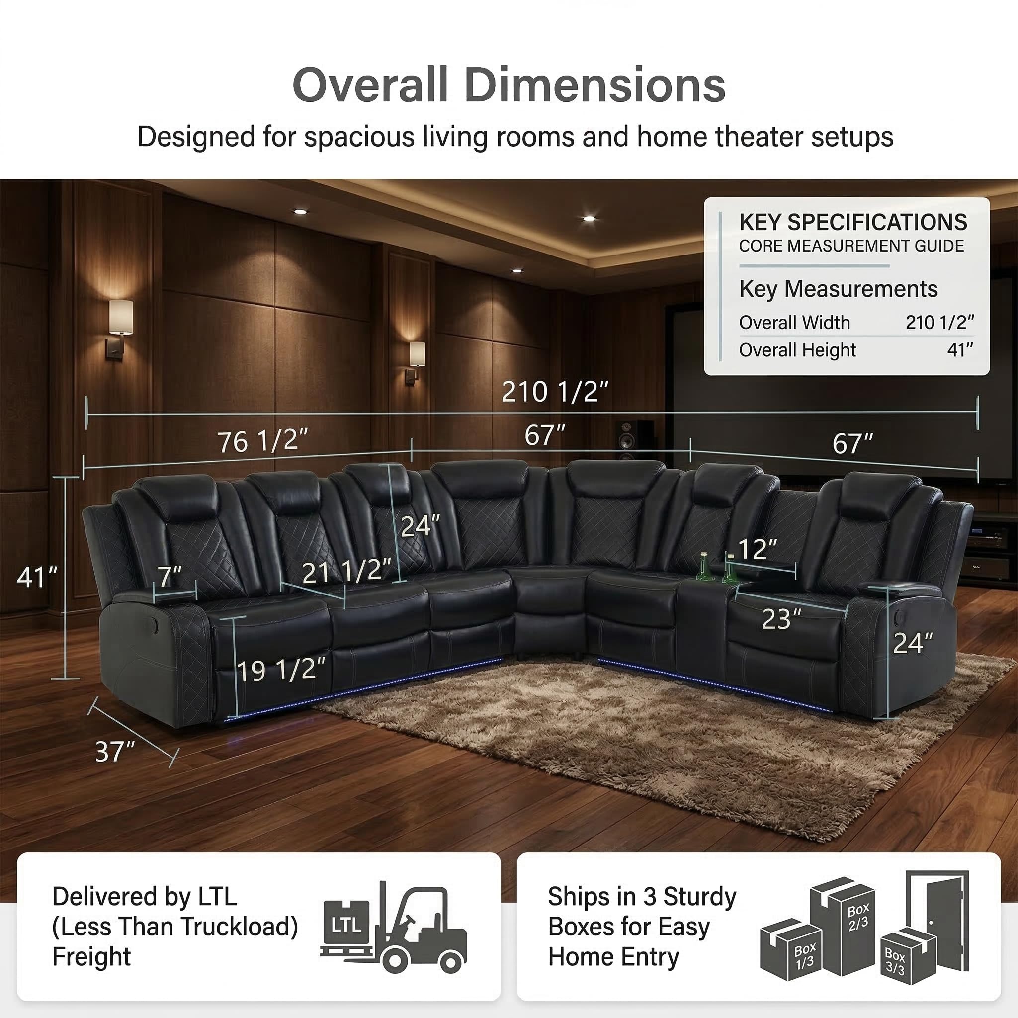 Power Reclining Leather Sectional Sofa Set for Living Room, 6-Seater Black Curved Couch with LED Lights, Cup Holders & Storage Console, Home Theater Seating