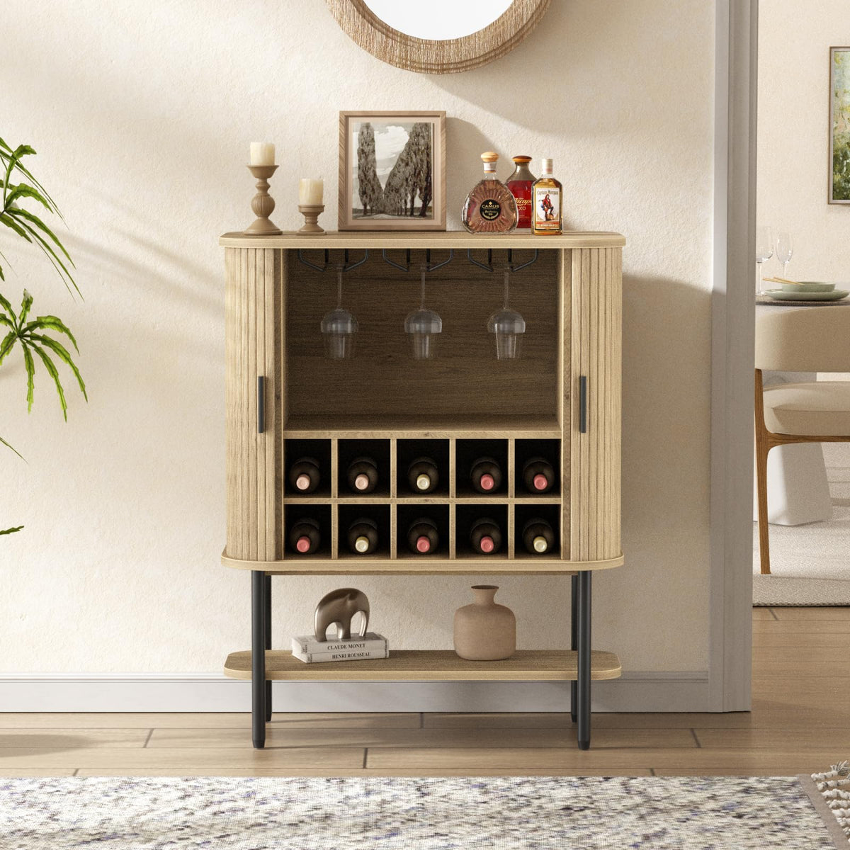 Coffee Bar Cabinet with Storage, Fluted Wine Cabinet with Sliding Doors