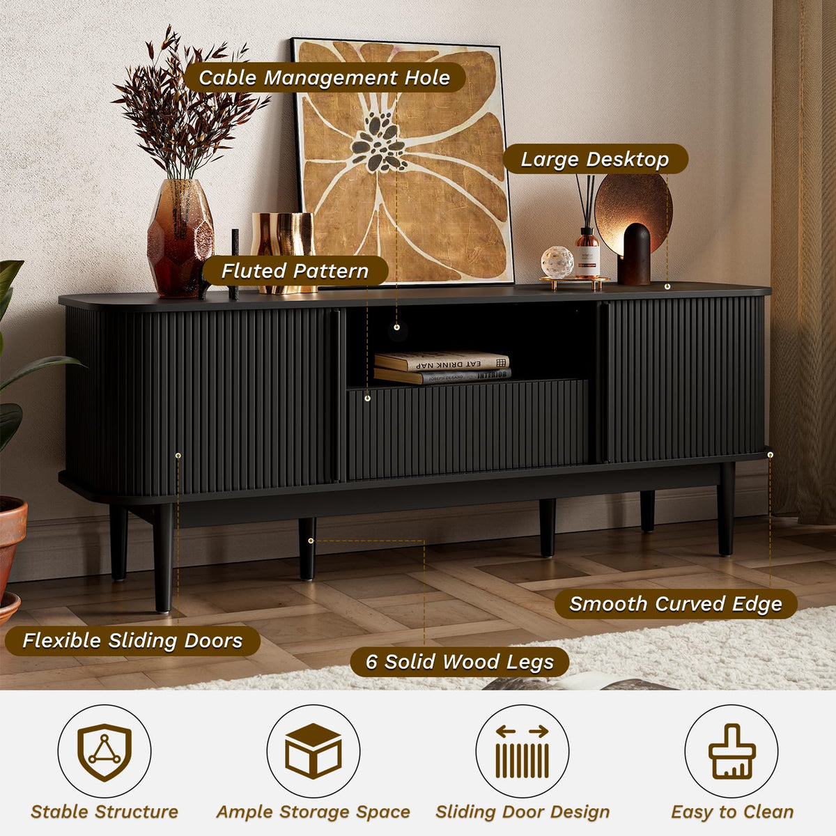 Fluted Sliding Door TV Stand