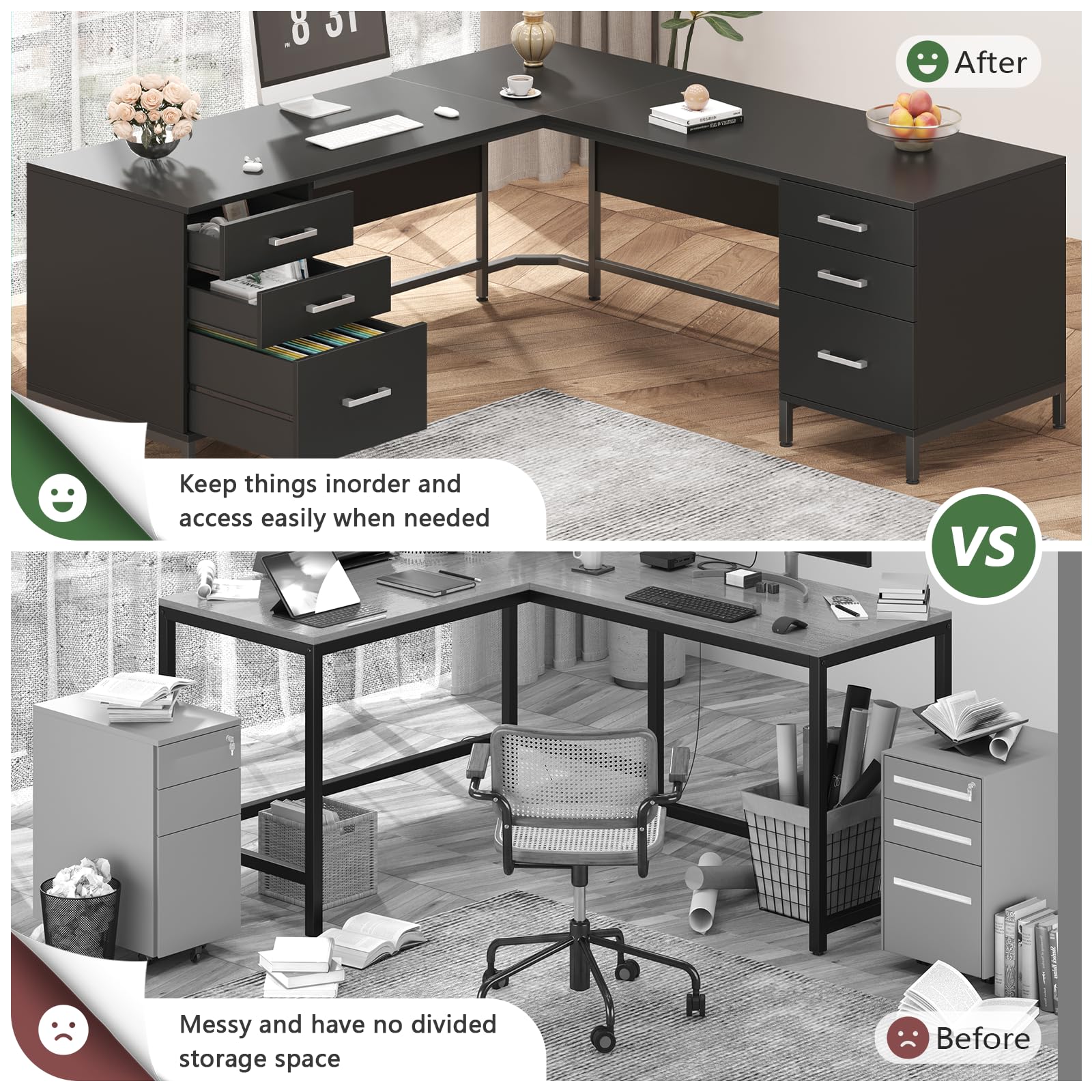 L-Shaped Corner Desk with 6 Drawers