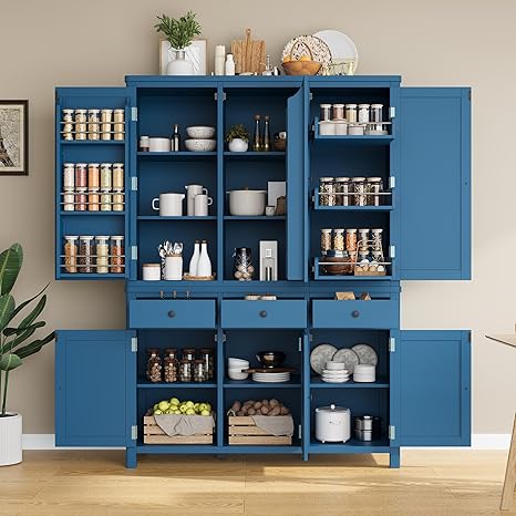 Tall Kitchen Pantry Storage Cabinet with 6 Doors, 3 Drawers & Pull-Out Trays