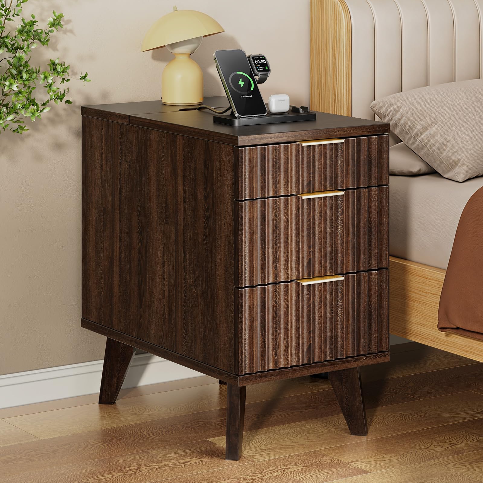 Nightstand with Hidden Charging Outlets & 3 Drawers