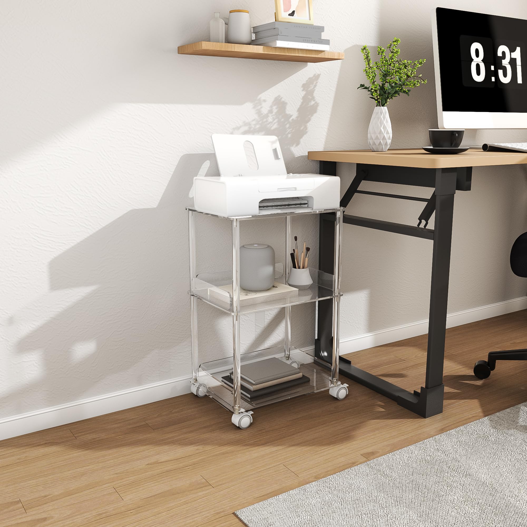 3-Tier Acrylic Printer Stand with Lockable Wheels