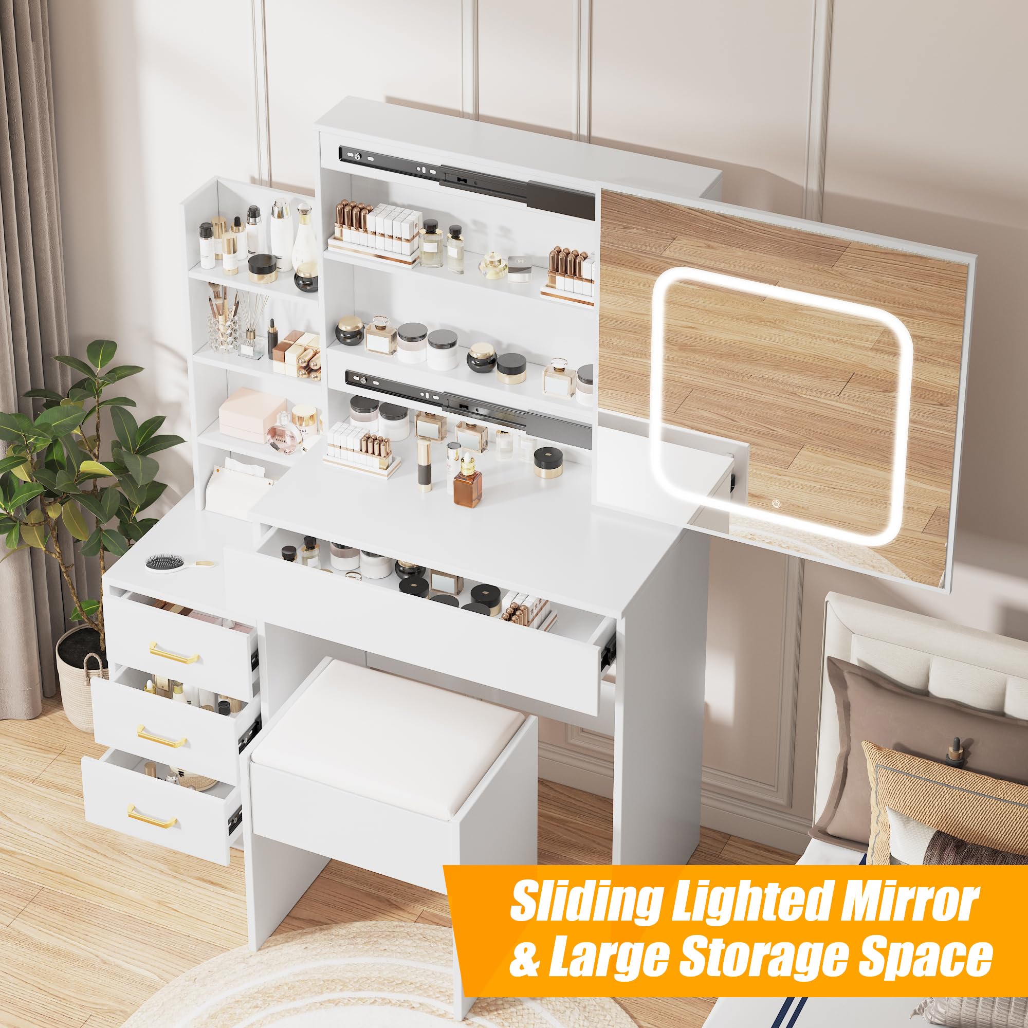Garvee Vanity Desk with Sliding LED Mirror, Makeup Dressing Table with 4 Drawers, Storage Shelve, Power Outlet & Cushioned Stool, Adjustable 3 Lighting Modes, Modern Vanity Set for Bedroom, White