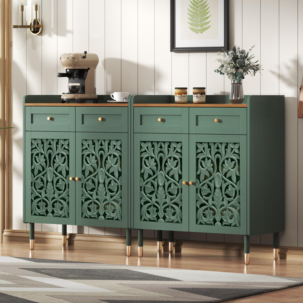 Carved Wood Sideboard with Drawer