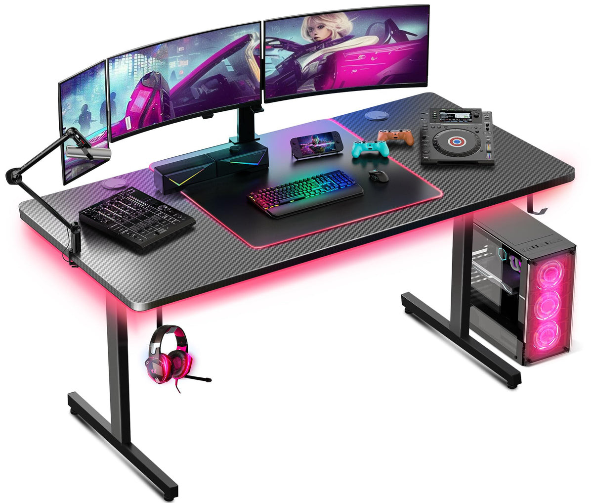 GTPLAYER Gaming Desk 55 Inch with LED Lights, Large Computer Desk with Mouse Pad for Home Office, T-Shaped Carbon Fibre Surface PC Game Workstations with Headphone Hook