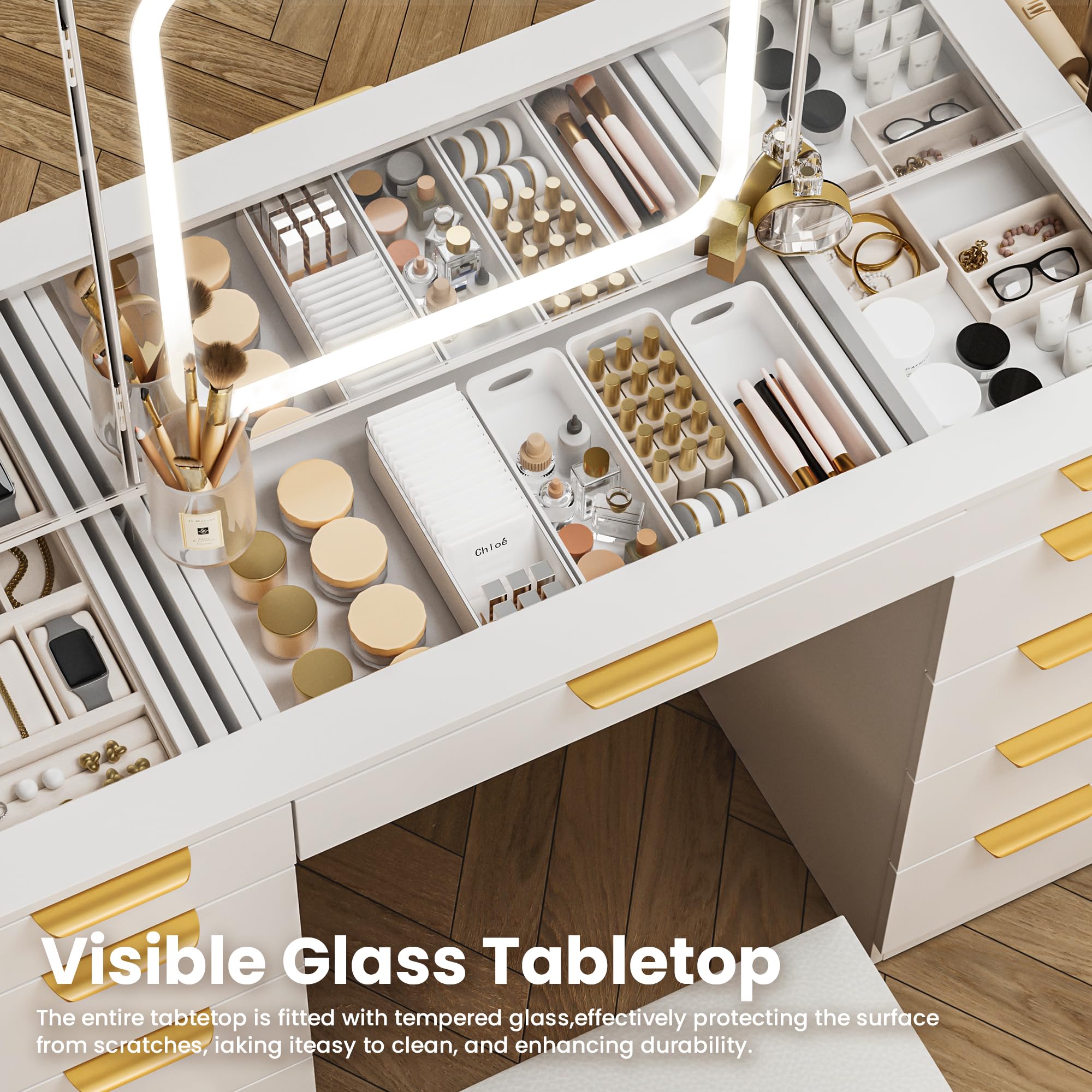 Pamapic 11 Drawers Vanity Desk with Foldable Mirror, Glass Top Makeup Vanity with LED Lights, 3 Lighting Modes, Golden Handles Dressing Table with Chair and Power Outlet
