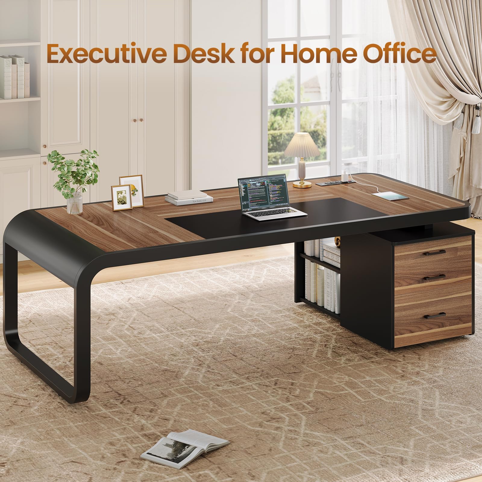 Itaar 70.9" Executive Desk, Large Computer Desk with Drawers and Lateral File Cabinet, Office Desk with Removable Shelves, Business Furniture Desk Workstation for Home Office, Walnut