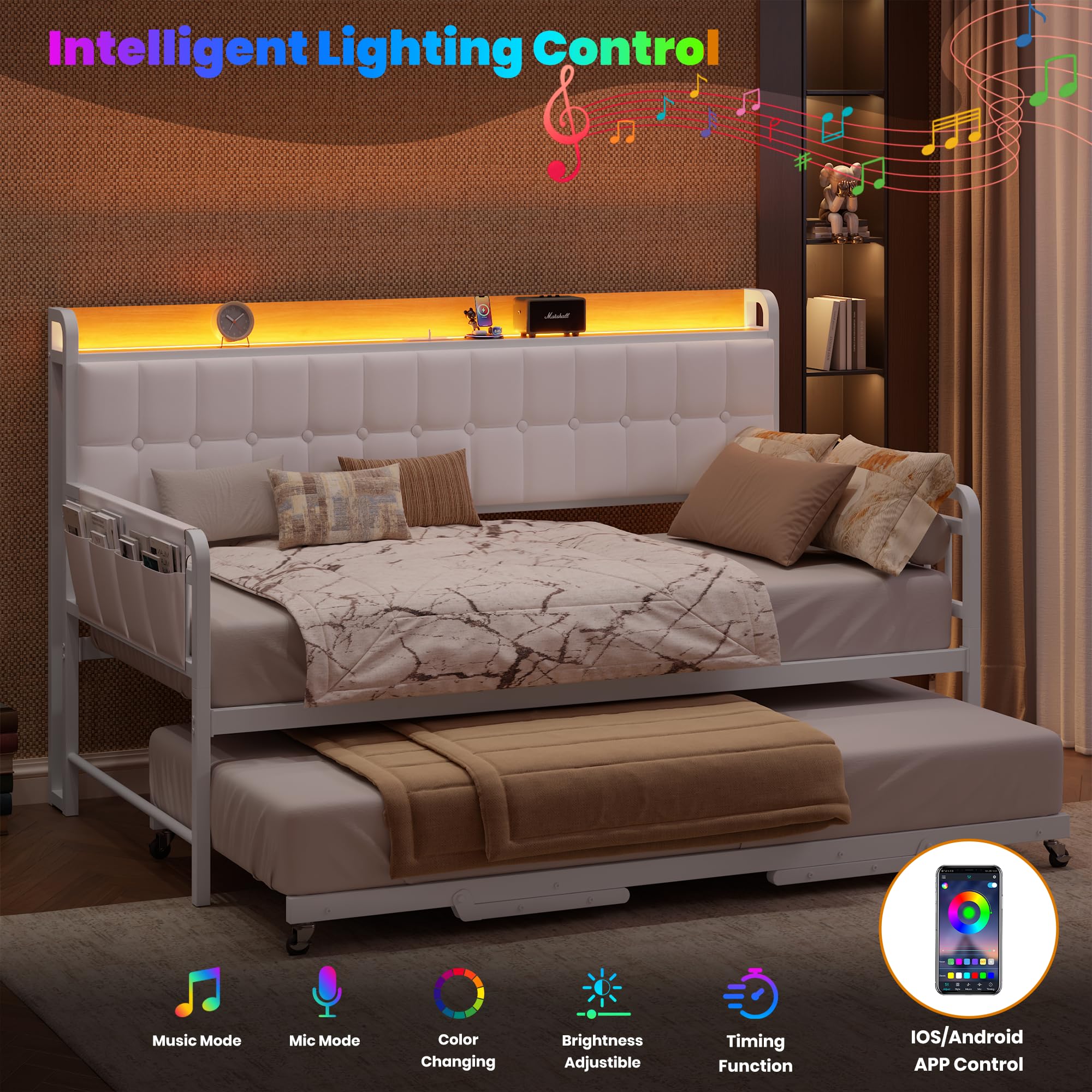 Daybed with Trundle, Metal Twin Bed Frame with Upholstered Storage Headboard, Charging Station & LED, Sofa Day Bed with Pop Up Trundle, Side Pockets, Sturdy Supports for Living Room and Bedroom, White