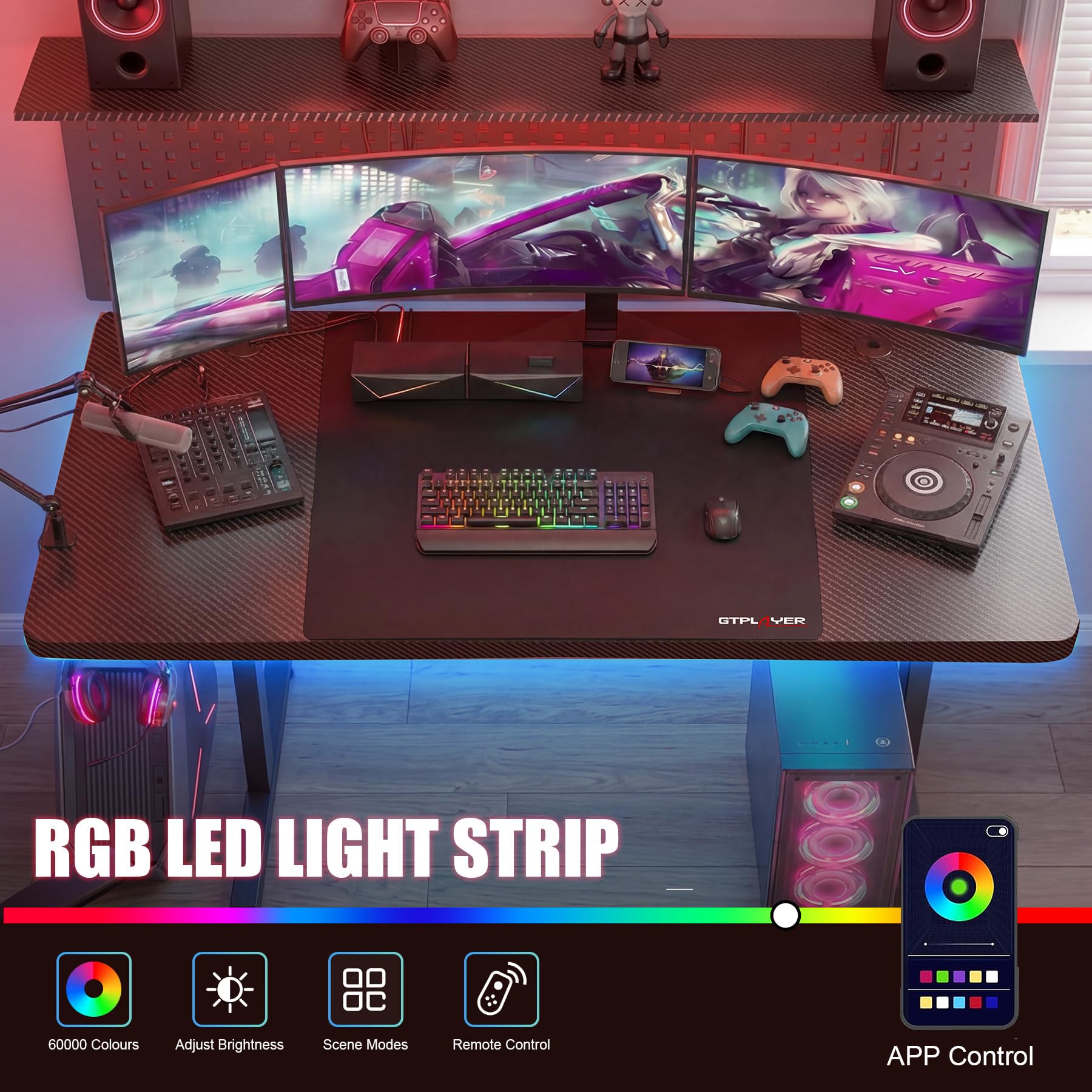 GTPLAYER 55 Inch Gaming Desk with LED Lights, Large Computer Desk with Mouse Pad for Home Office, T-Shaped Carbon Fibre Surface PC Game Workstations with Headphone Hook