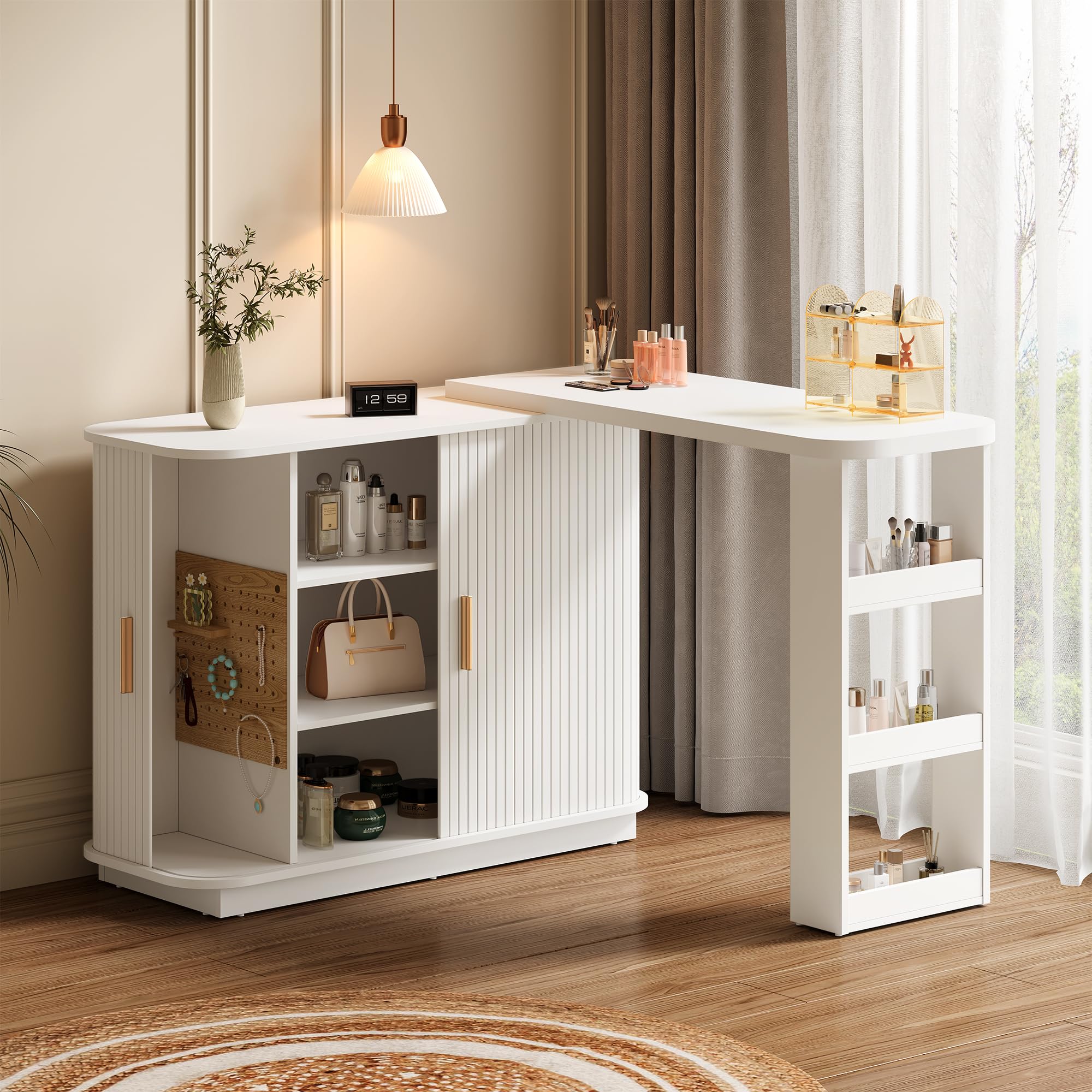 RoyalCraft 68” Extendable Makeup Vanity Desk, Modern L-Shaped Corner Vanity Desk with Silding Door, White Fluted Makeup Table with Curved Desktop and Adjustable Shelf, Wood Dressing Table for Bedroom