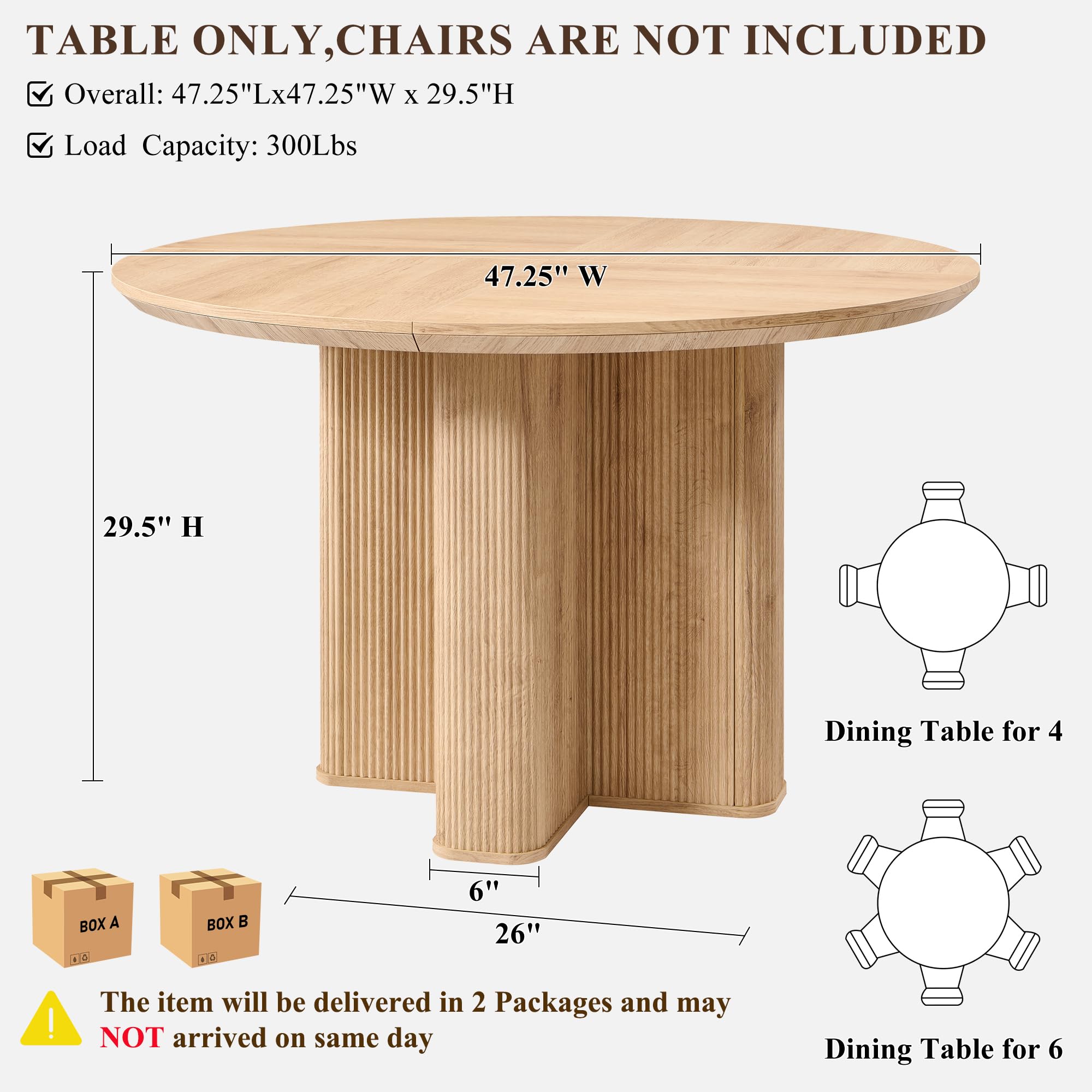 T4TREAM 47" Fluted Round Dining Table for Kitchen Living Room, Natural Oak
