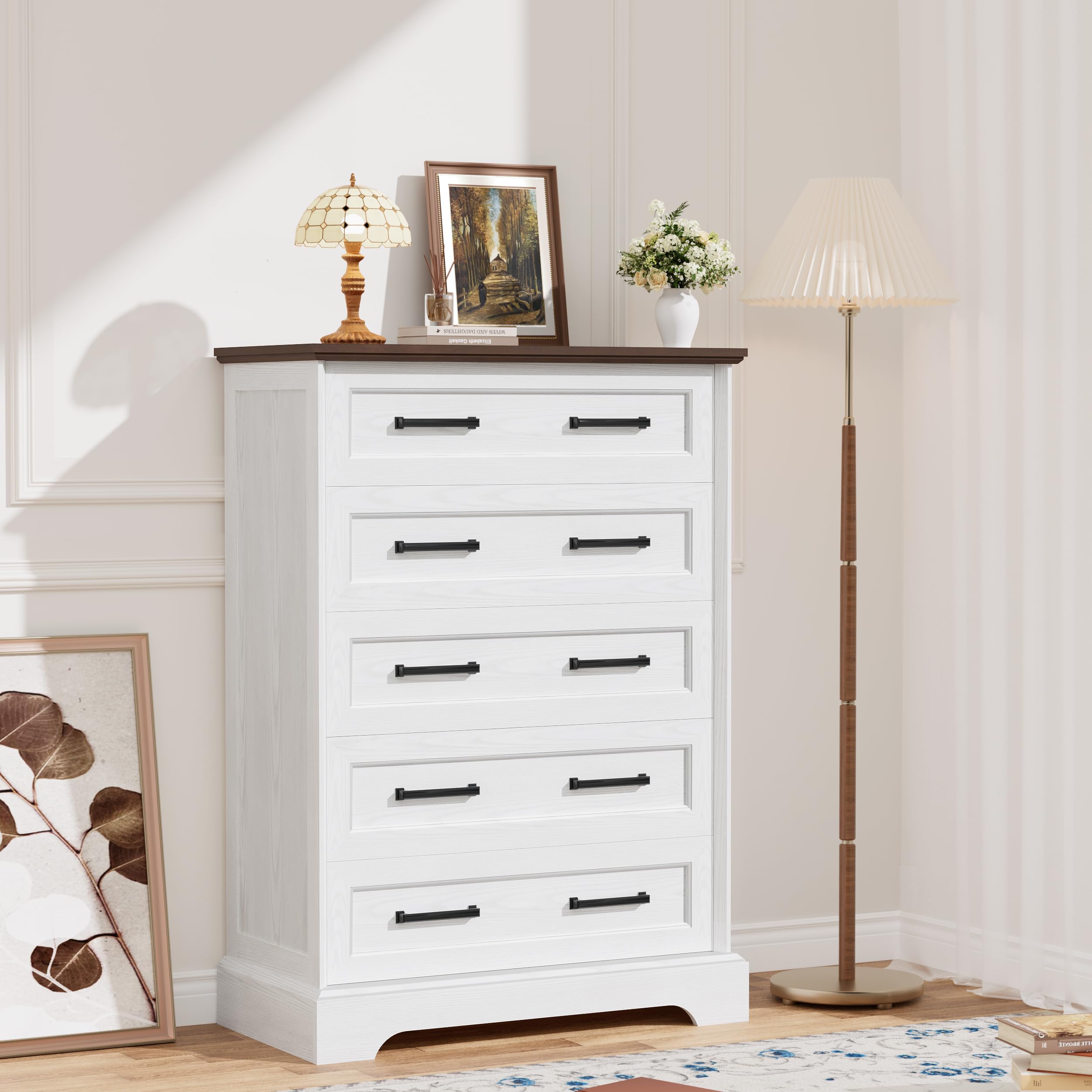 YESHOMY Tall Dresser for Bedroom,Farmhouse 5 Drawers Dresser, Chest of Drawer Chest, Multi-Tier Clothing Storage Cabinet, White and Brown