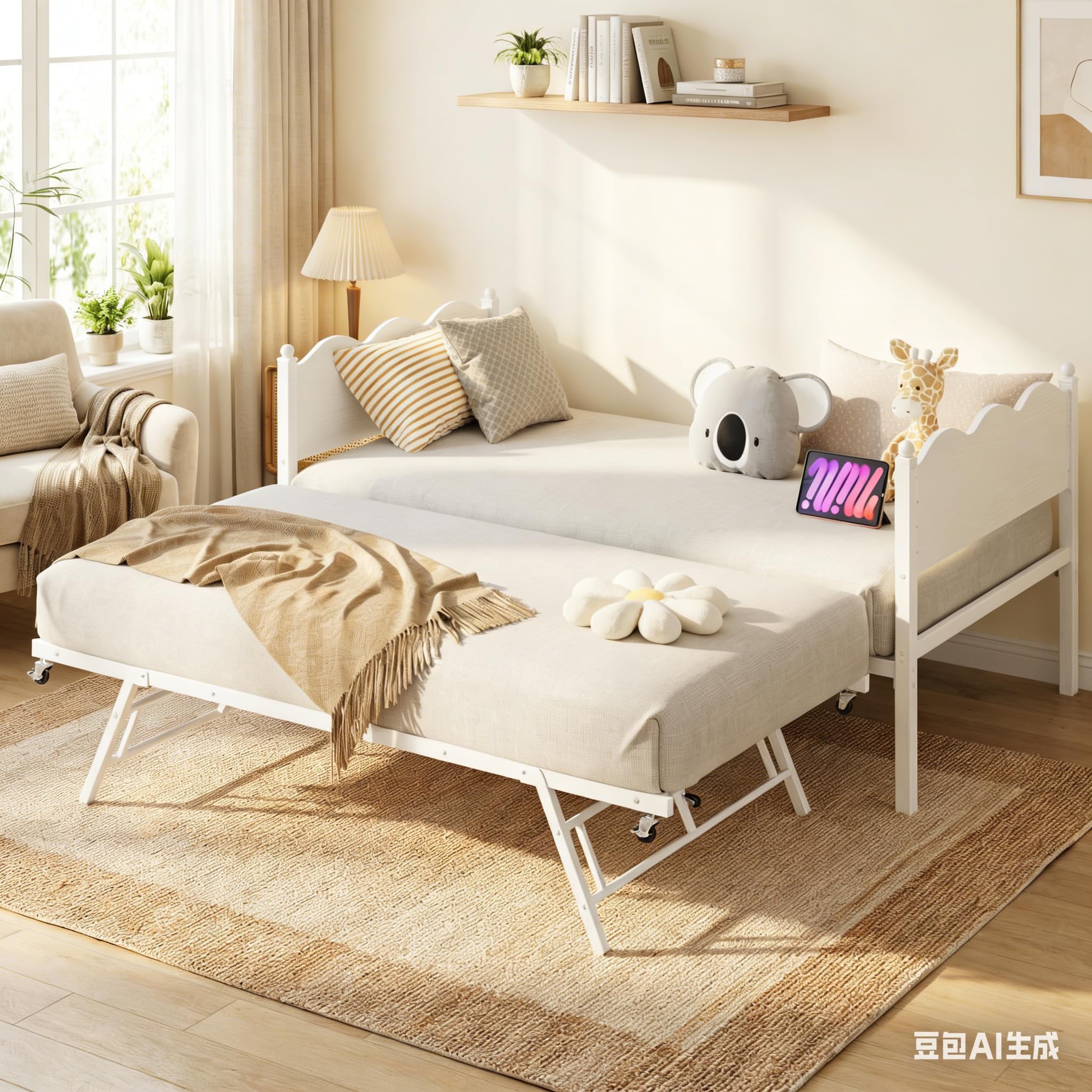 Garvee Twin Daybed with Trundle, Day Bed with Industrial Wood Grain Headboard, Steel Slats Support & Lockable Casters, Space-Saving & Multifunctional, Easy Assembly for Living Room, Bedroom, White