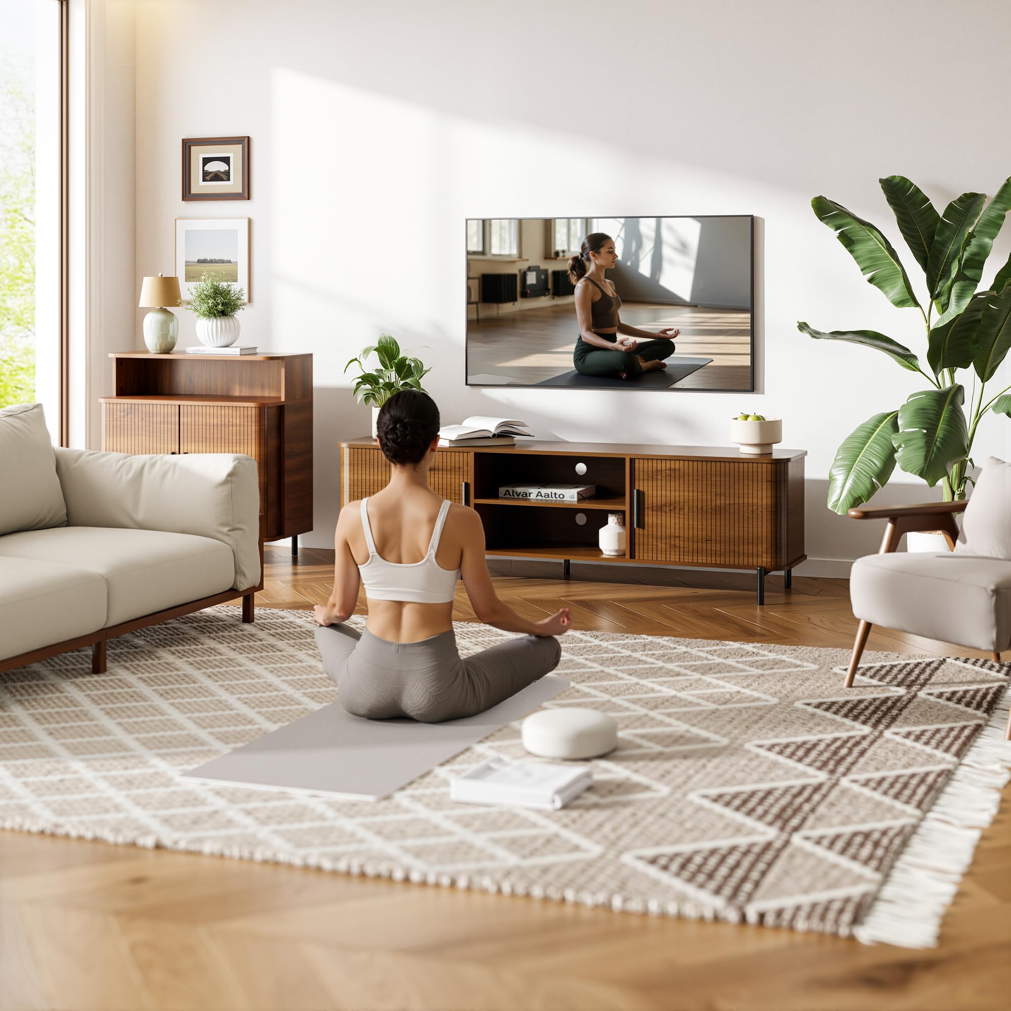SUNCOZE 70" Mid-Century Fluted TV Stand with Storage, Modern Entertainment Centerfor TVs up to 80 Inch with Sliding Tambour Doors & Open Shelves, Media Console for Living Room or Bedroom (Walnut)