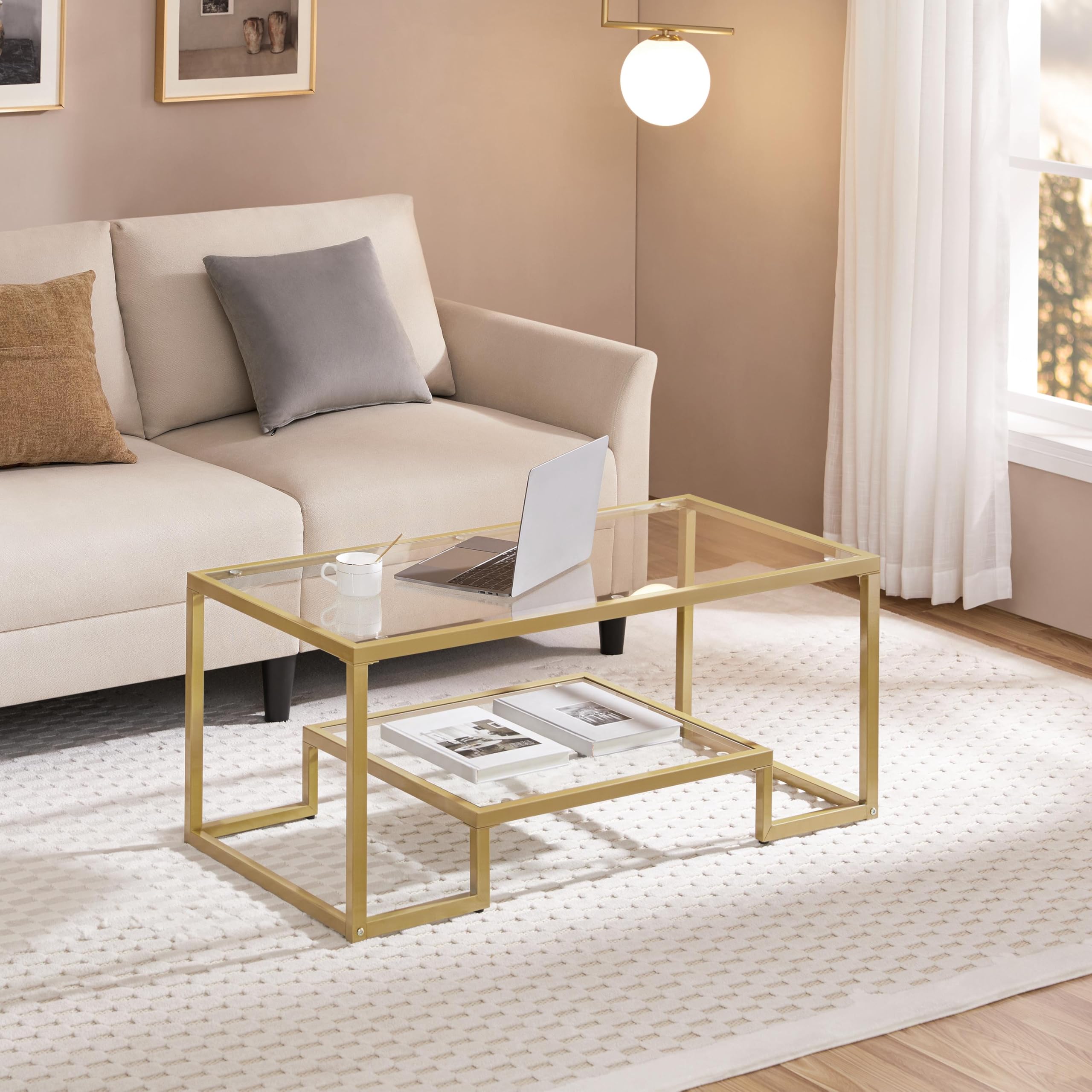 2-Tier Rectangular Glass Coffee Table with Metal Frame