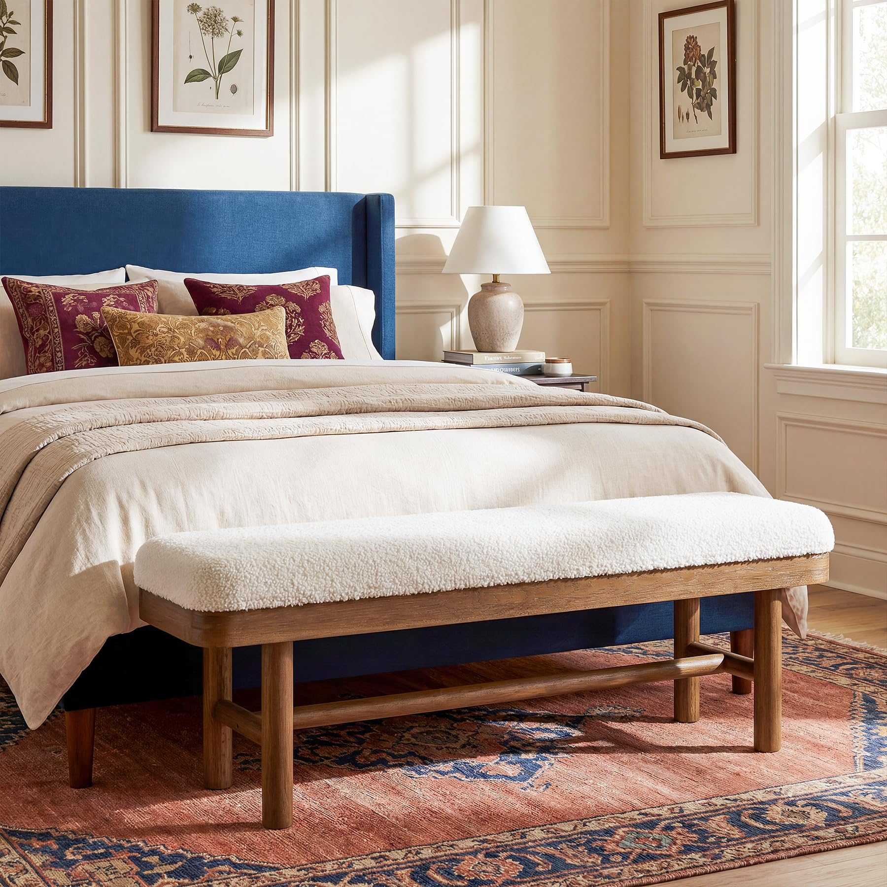 TRIBEWOOD 55" Upholstered Bedroom Bench, Solid Wood End of Bed Bench, Modern Indoor Bench with Cushion for Bedroom, Living Room, White & Brown