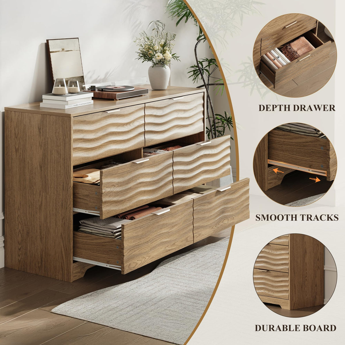 MALOL 55" Wide Coastline Fluted 6 Drawers Dresser for Bedroom,Walnut