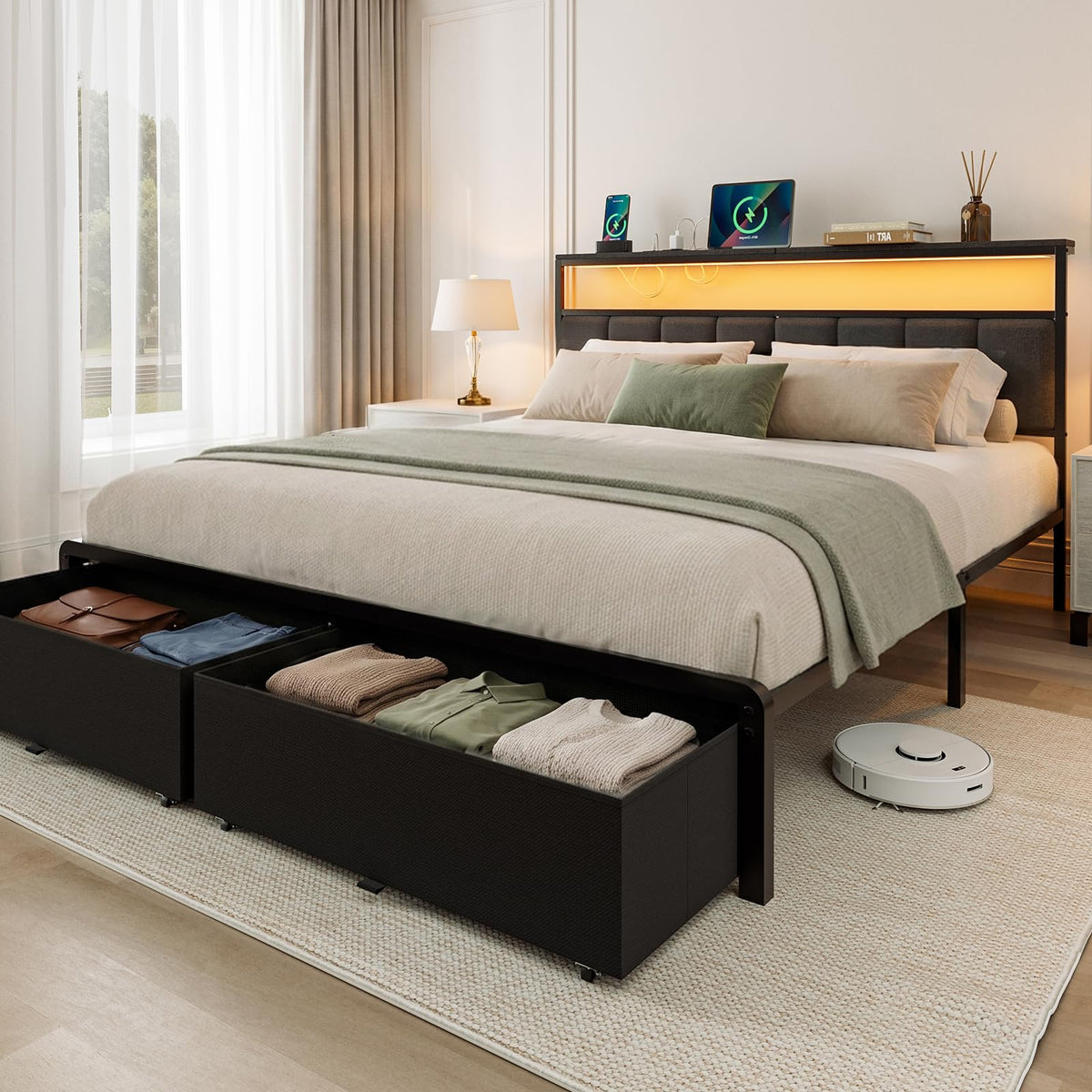 UHTN Queen Bed Frame with 2 Storage Drawers, Grey Upholstered
