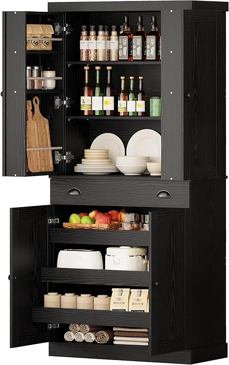 Freestanding Kitchen Pantry Cabinet with Drawer & Sliding Shelves