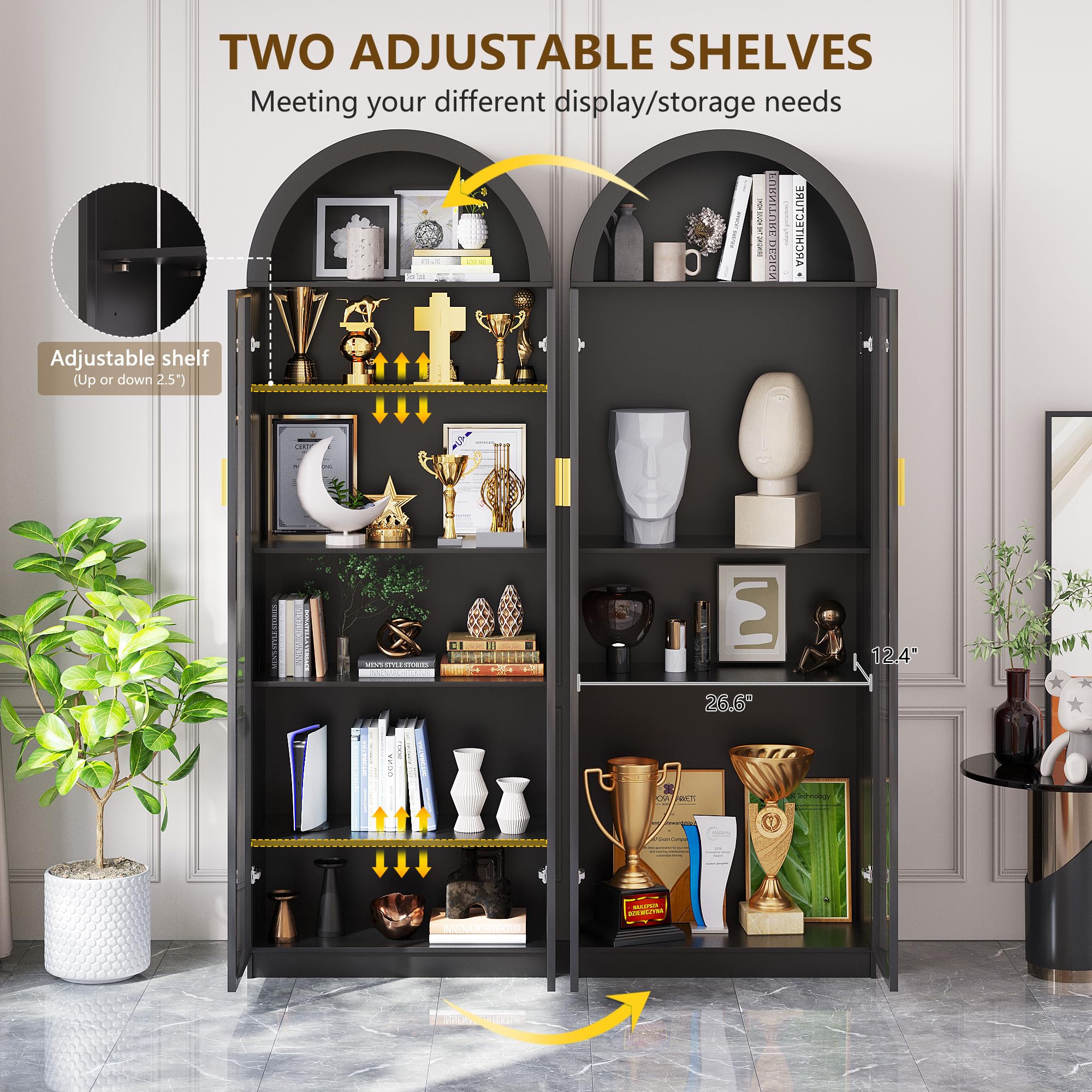 Arched Display Cabinet with LED Lights, 6-Tier Curio Cabinet with Adjustable Shelves