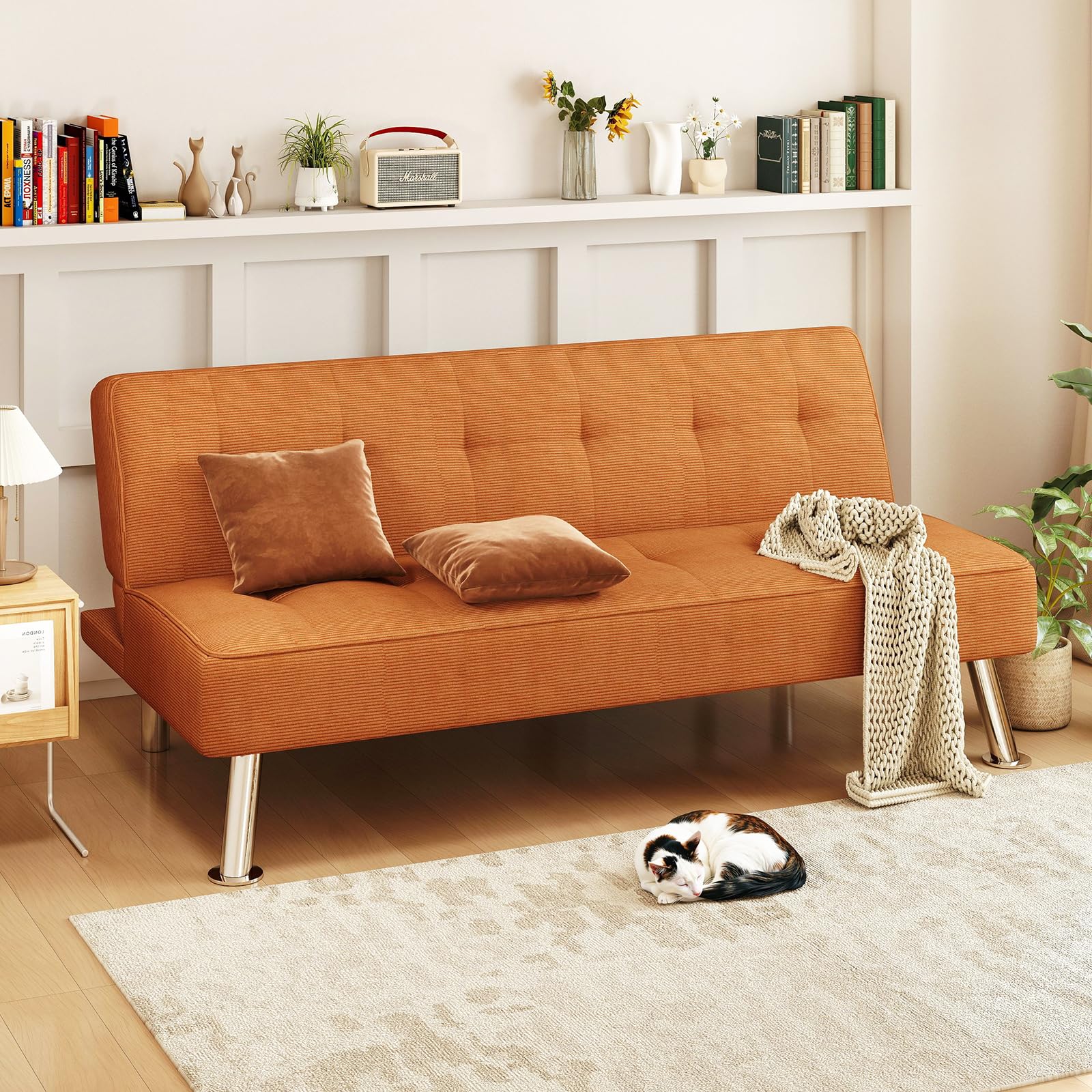 Furnimart Futon Sofa Bed, 66" Corduroy Convertible Futon Couch with 3-Position Adjustable Backrest, Solid Wood Frame Sleeper Sofa for Small Space, Living Room, Apartment, Office, Burnt Orange
