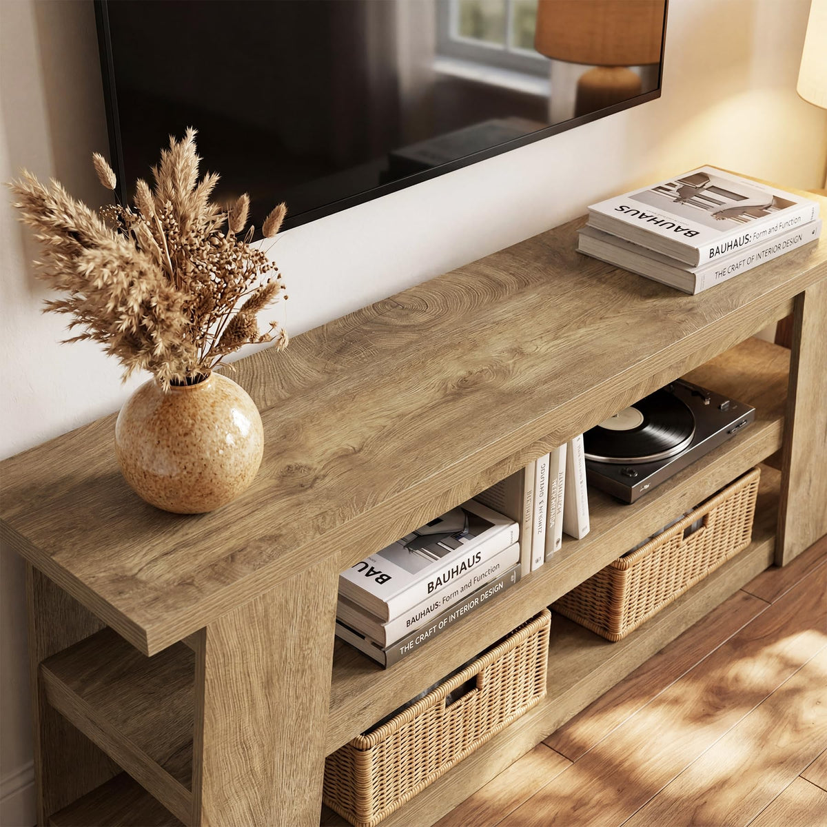 LITTLE TREE TV Stand with Storage for 65 Inch TV, Entertainment Center with Shelves, Modern Ladder Media Display Console for Living Room, Apartment, Brown