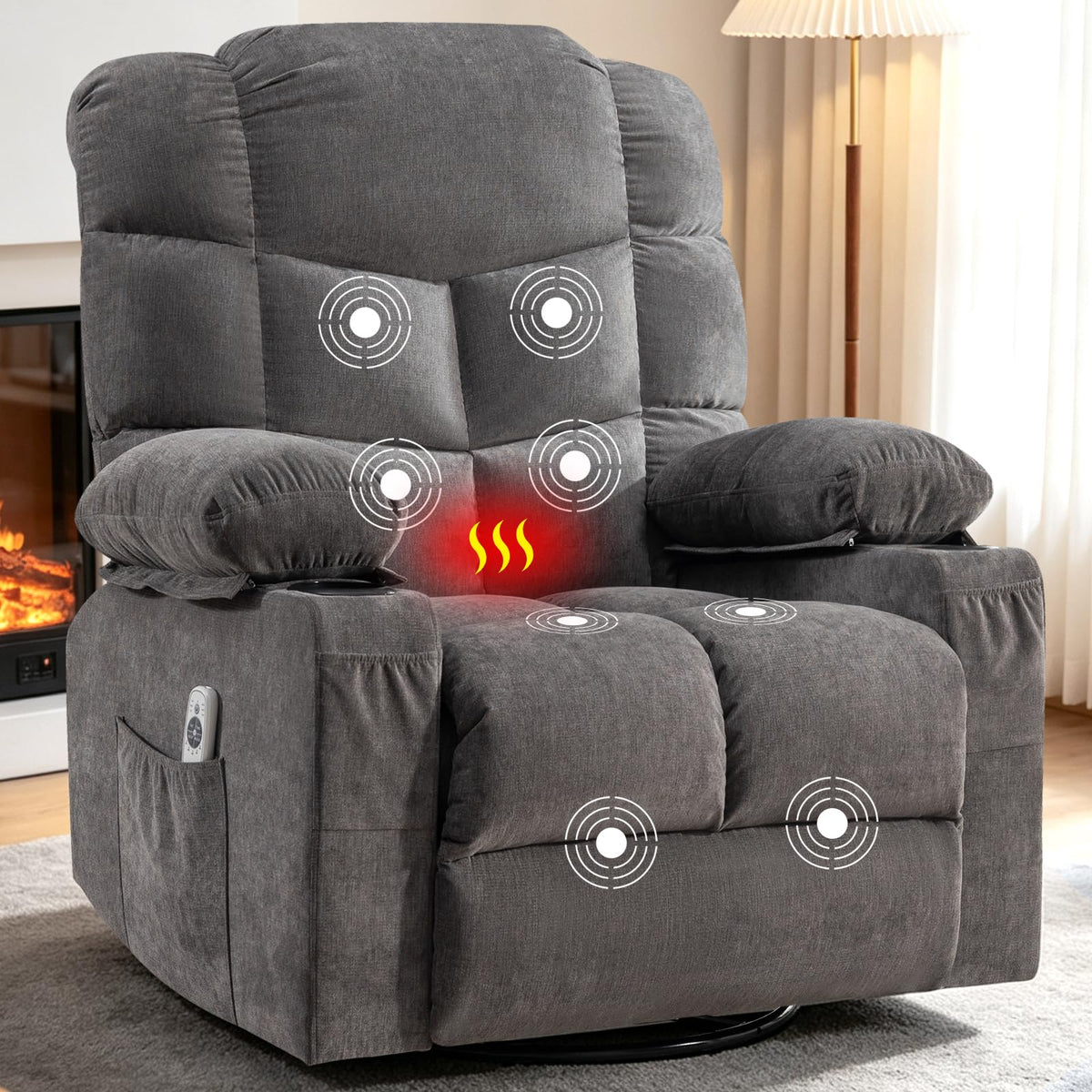 Oversized Swivel Rocker Recliner Chair with Massage and Heat for Adults