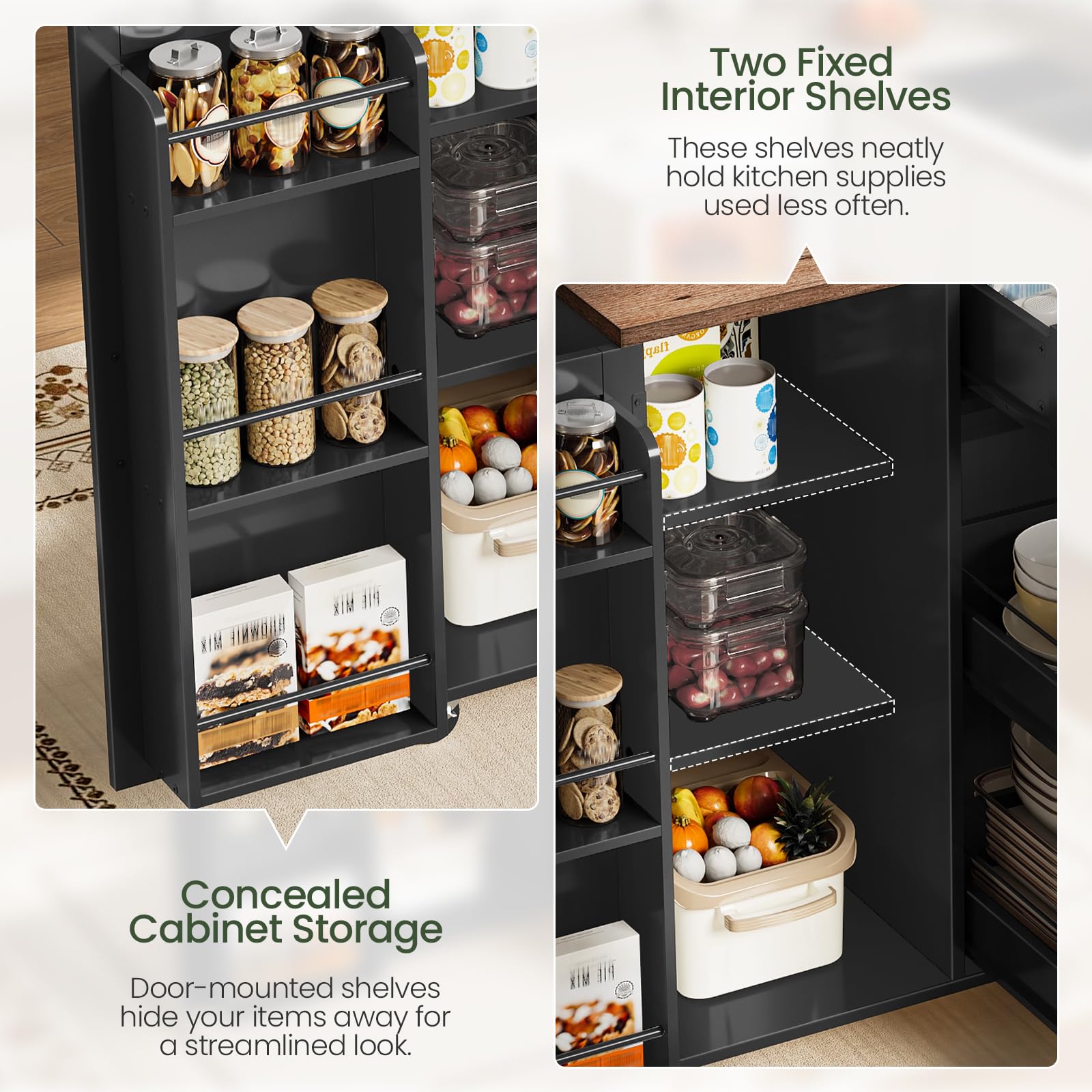 CHOEZON Kitchen Island with Trash Can Cabinet, Drop-Leaf Tabletop & 6 Wheels, 51.2-Inch Rolling Kitchen Cart with Fridge Shelf, Drawers & Adjustable Shelves, Farmhouse Style, Black and Walnut MZD07BL