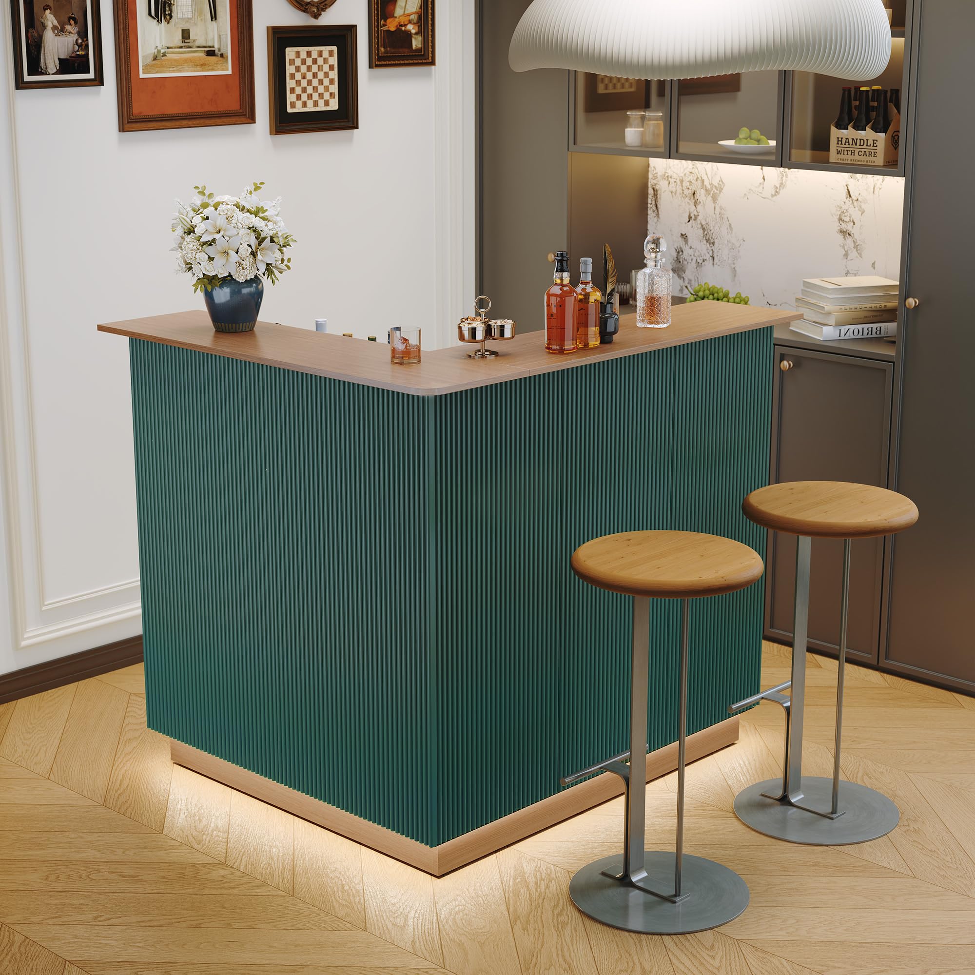 ARTPOWER L Shaped Home Bar Cabinet with Fridge Space, Oversized Modern Basement Coffee Bar Table with LED Strip, Fluted 4-Tier Corner Wine Cabinet with Stemware Racks for Dining Living Room, Green