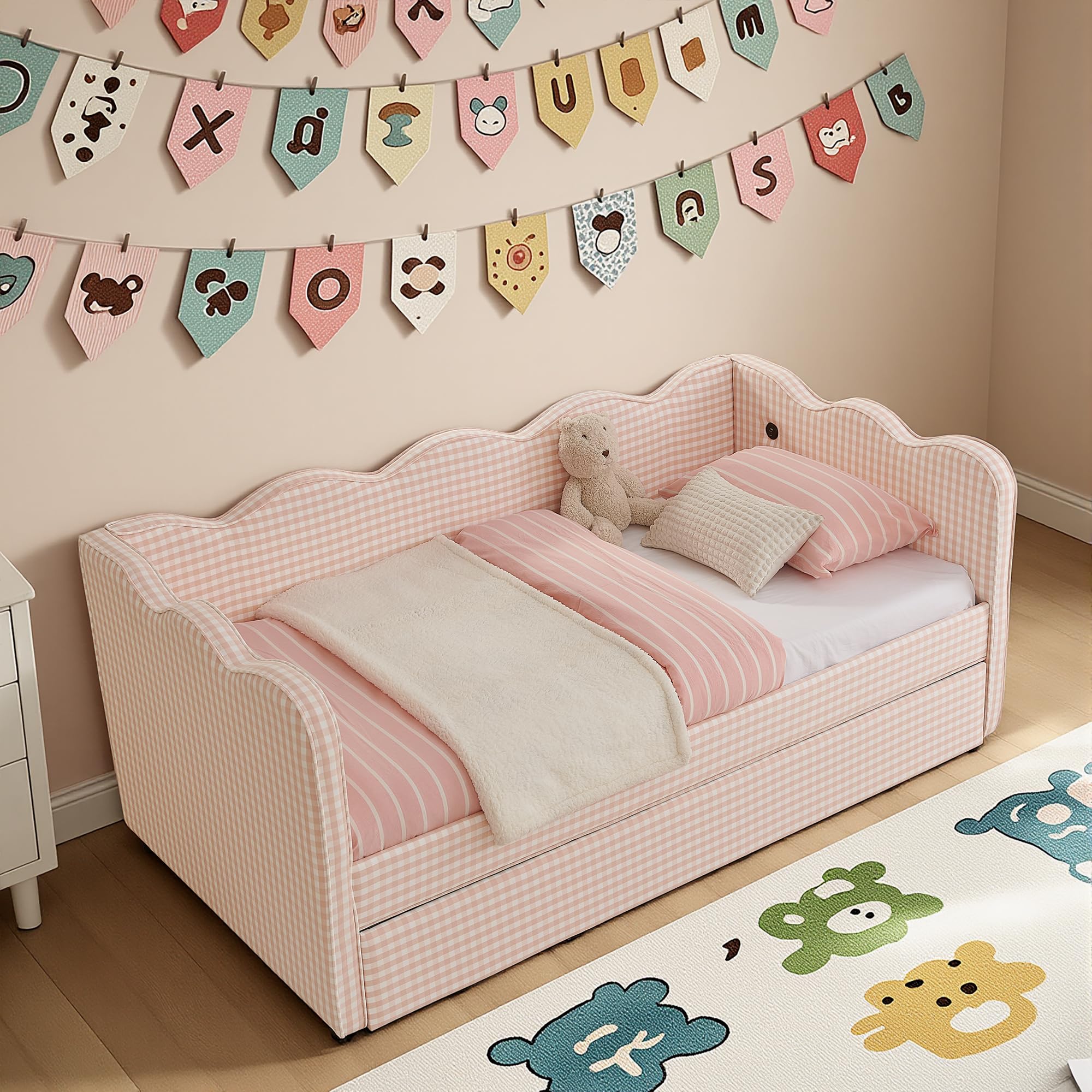 KEIKI Twin Size Upholstery Daybed with Trundle and USB, Twin to King Design Adorable Wave Shaped Extendable Linen Sofa Bed, Easy Assembly, No Box Spring Required, for Living Room and Bedroom, Pink