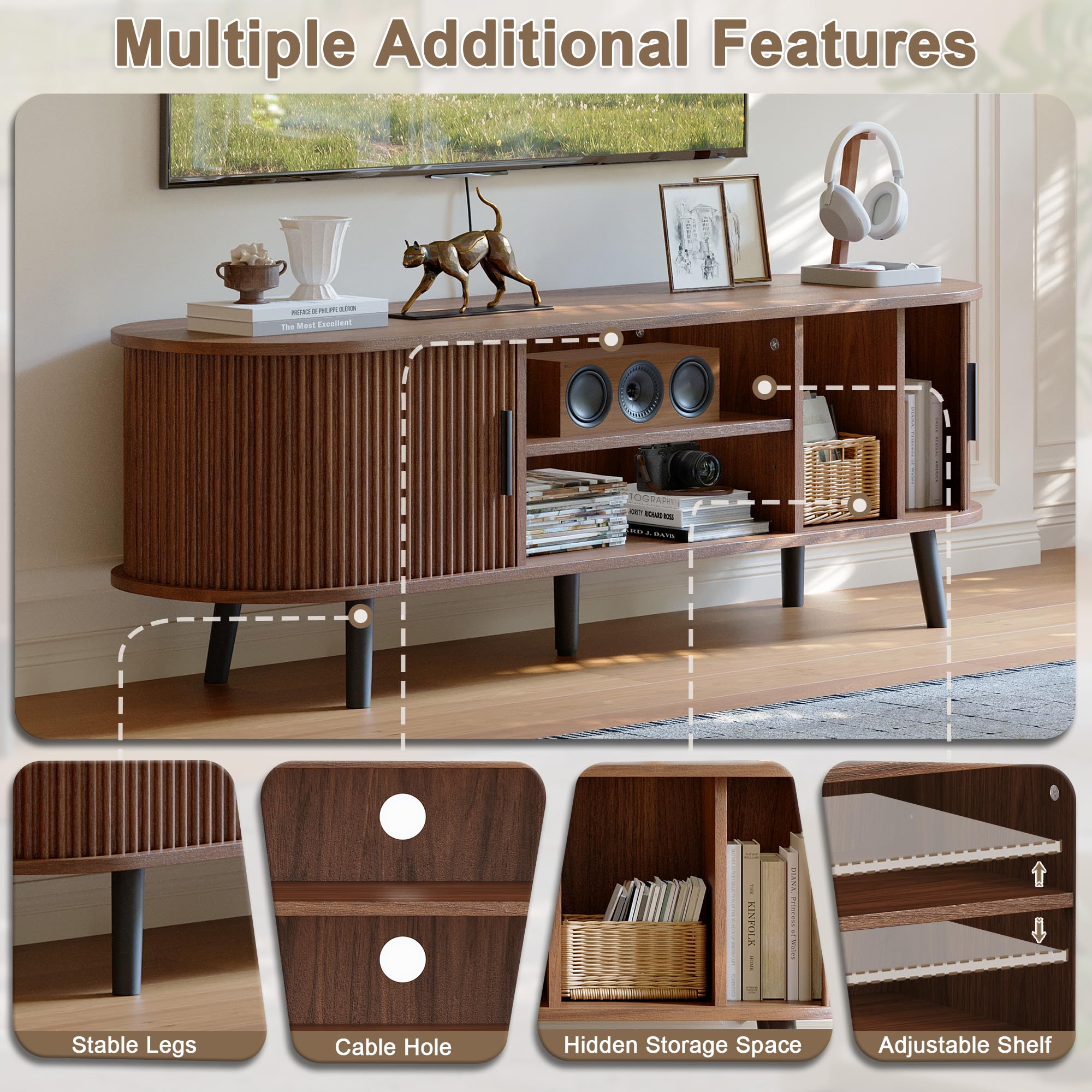 Mid-Century Modern TV Stand with Fluted Sliding Doors