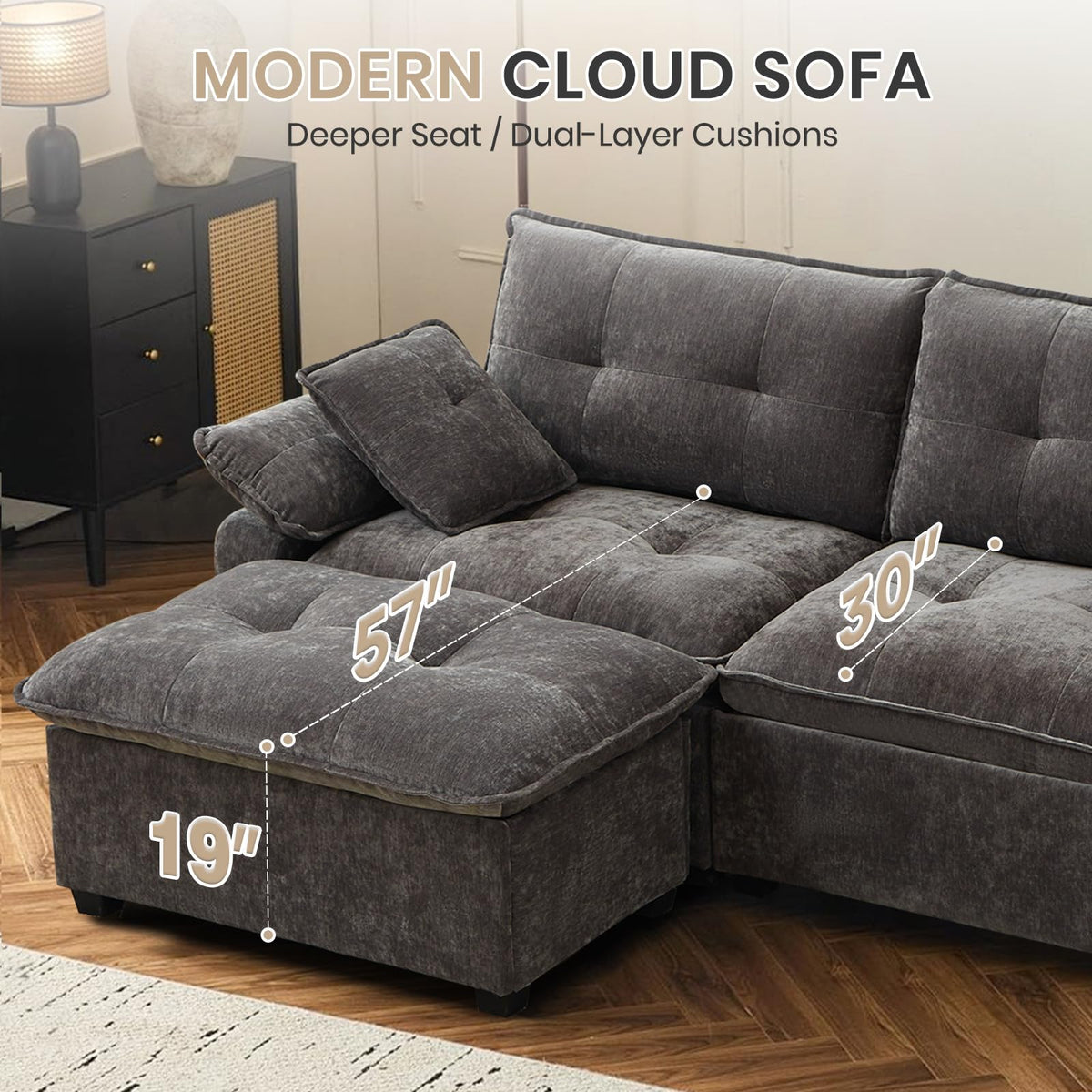 Consofa 89'' L Shaped Modern Sofa Modular Sectional Cloud Couch with Ottoman, Comfy Chenille Deep Seat Sofa with Throw Pillows/USB, 2 Seater Couch for Living Room for Living Room, Office and Apartment