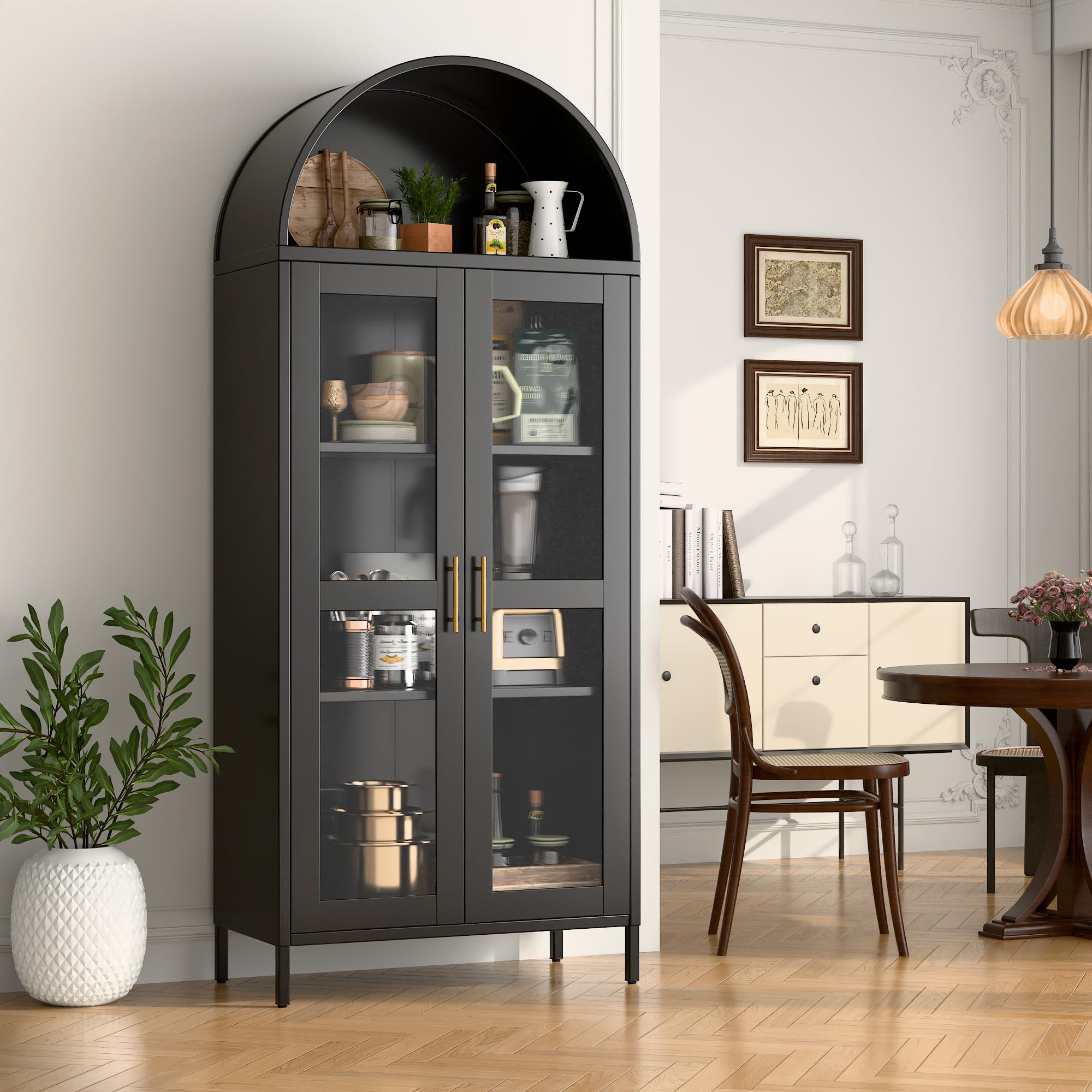 JAORD 73" Black Metal Arched Display Cabinet with Motion Sensor LED Lights, Glass Doors, 2 Adjustable Shelves, Heavy Duty Curio Bookcase for Living Room, Home Office, Assembly Required