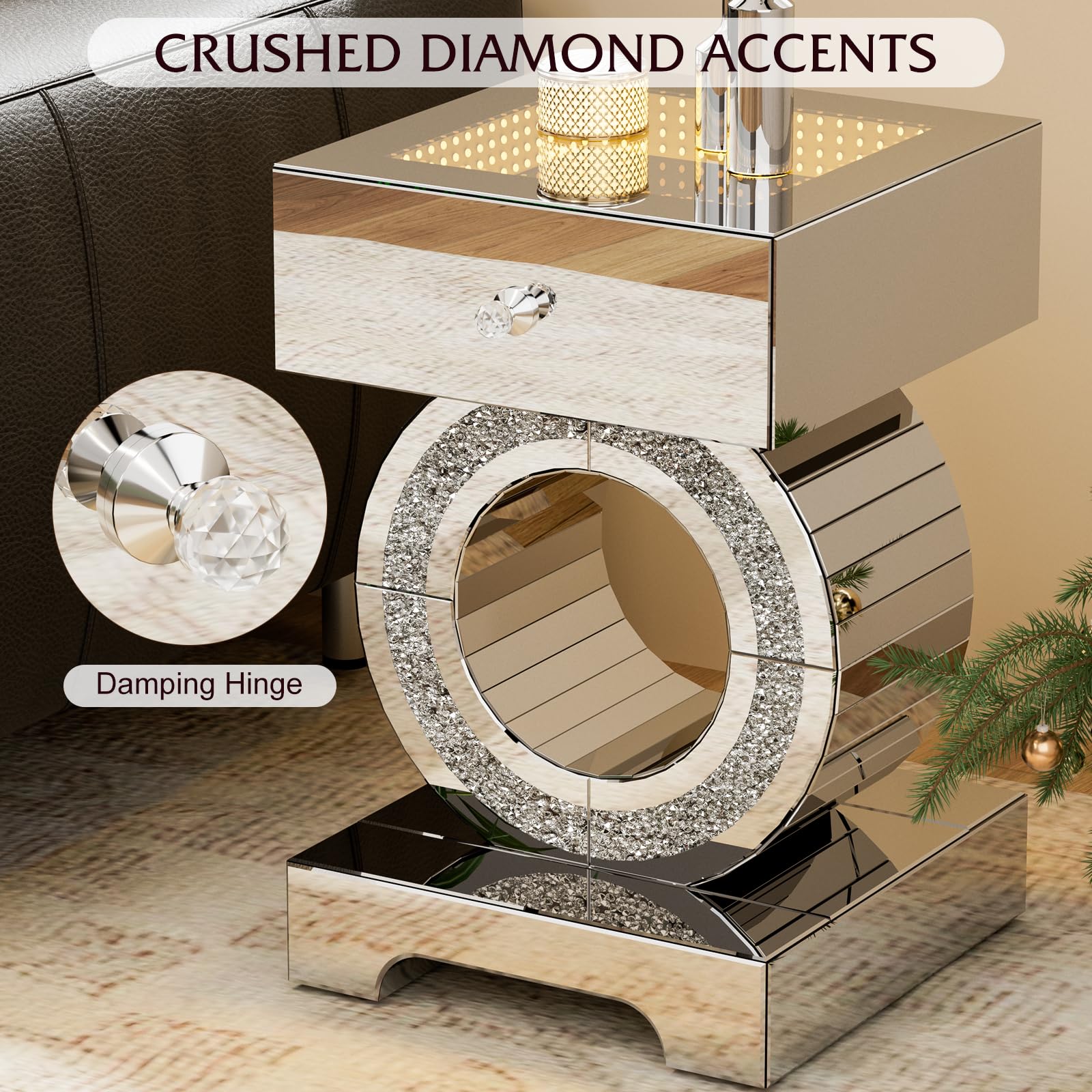 IKIFLY Mirrored End Table with LED Light, Mirrored Accent Nightstand with Drawer, Silver Crushed Diamond Side Table with O-Shaped Base for Living Room, Bedroom and Office (Remote Control Included)