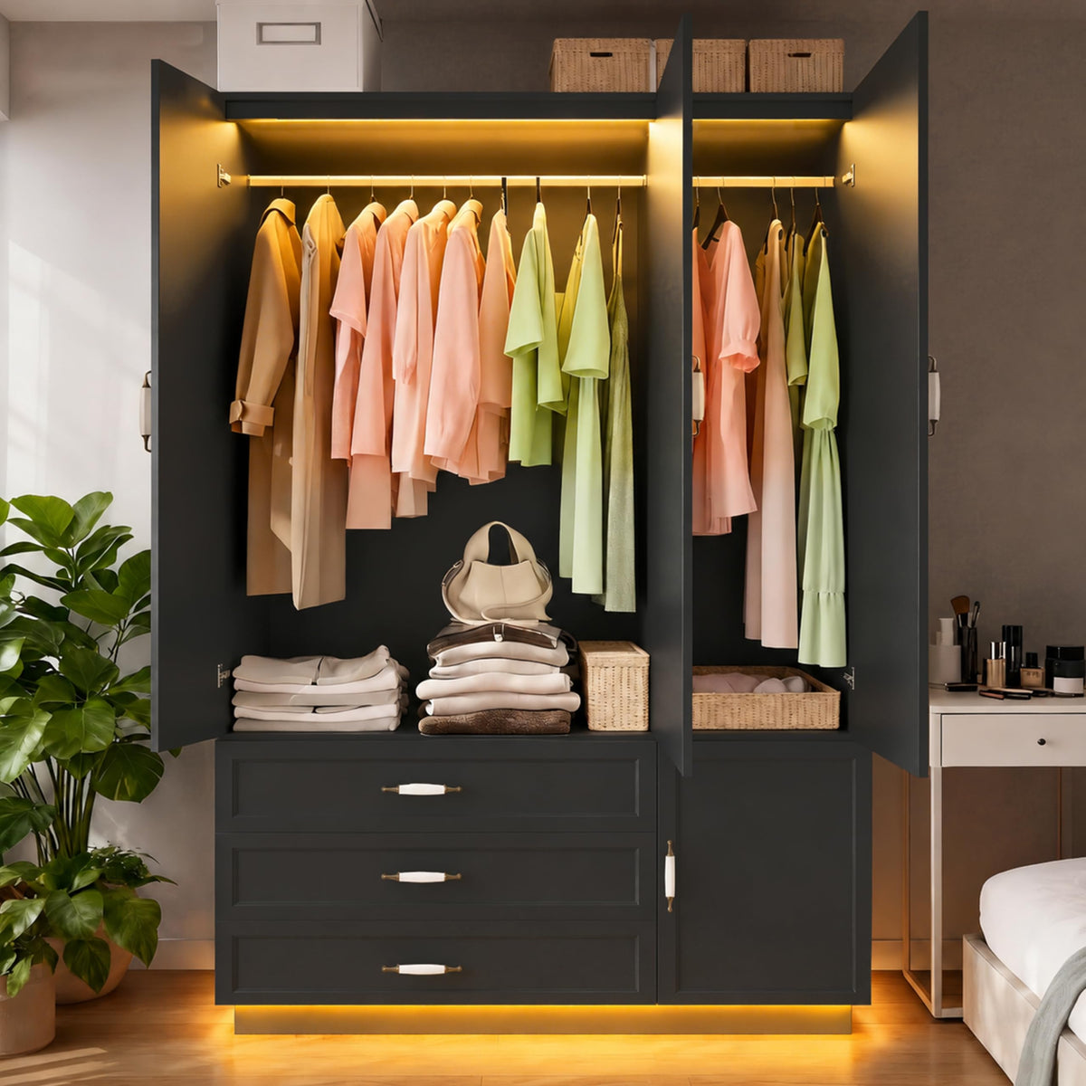 AXCIGOC 72" Wooden Armoire Wardrobe Closet with 3 Door Black Bedroom Armoire with LED Light 3 Drawers Large Modern Wardrobe Cabinet with Retro Ceramic Door Handles and Removable Hanging Rod