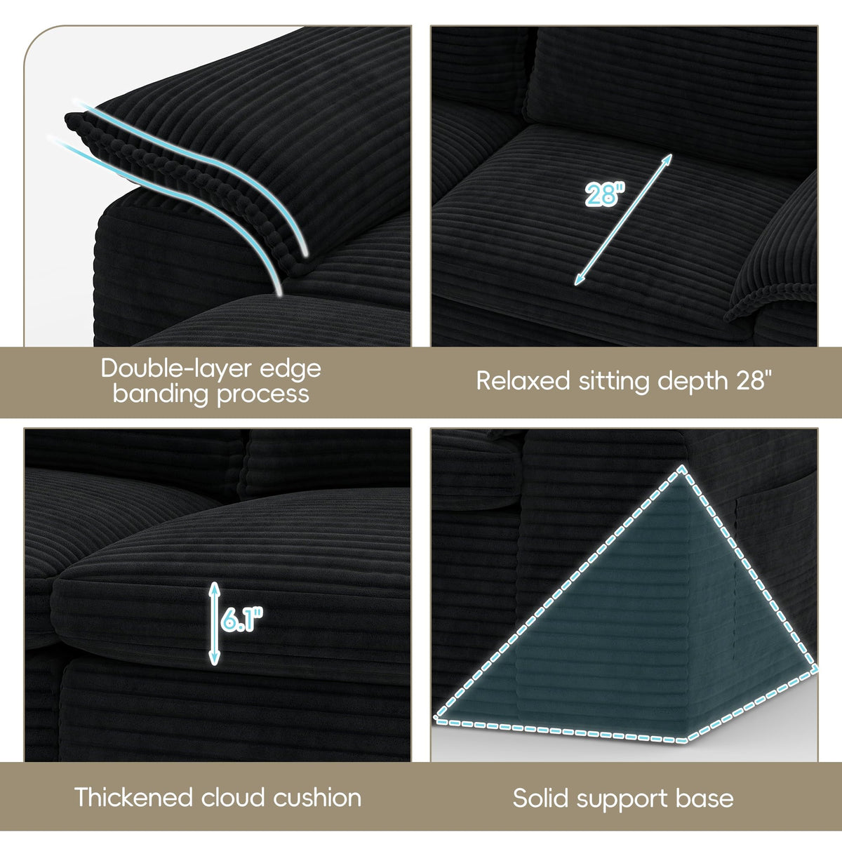Black Corduroy Sectional Sofa Set
